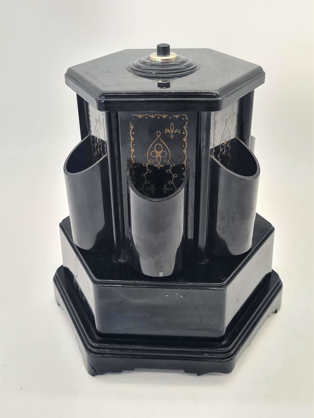 Cigarette dispenser with music box, black gold plastic, Selcol, England, 1960s. - 357204