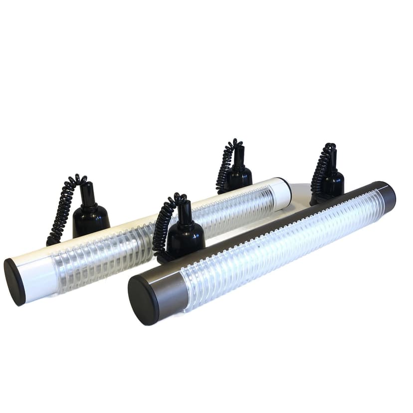 Pair of ceiling lamps, silver aluminum, Germany, 1980s.