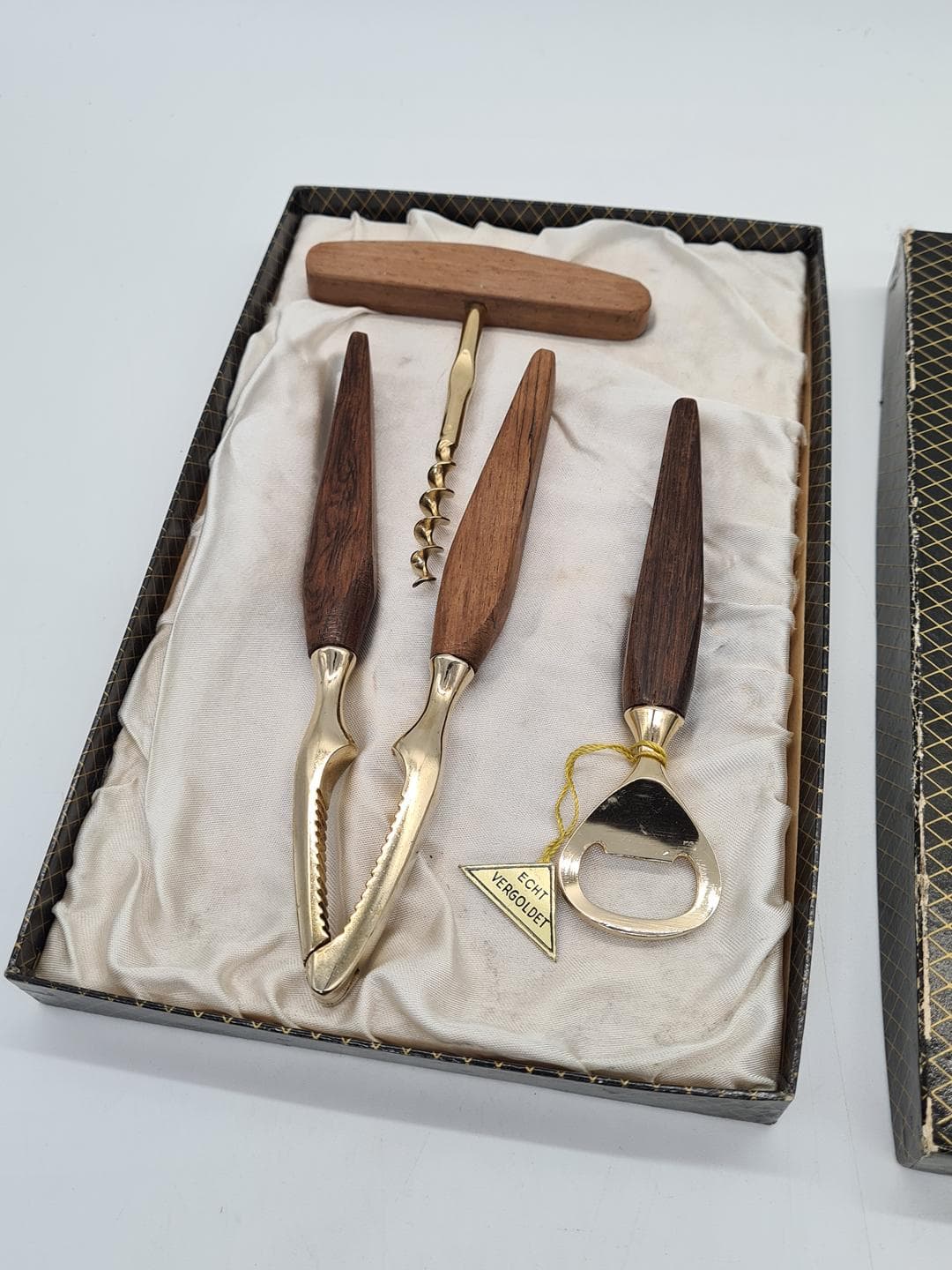 Bar set, brown, rosewood walnut, gold-plated metal, Germany, 1960s. - 357313