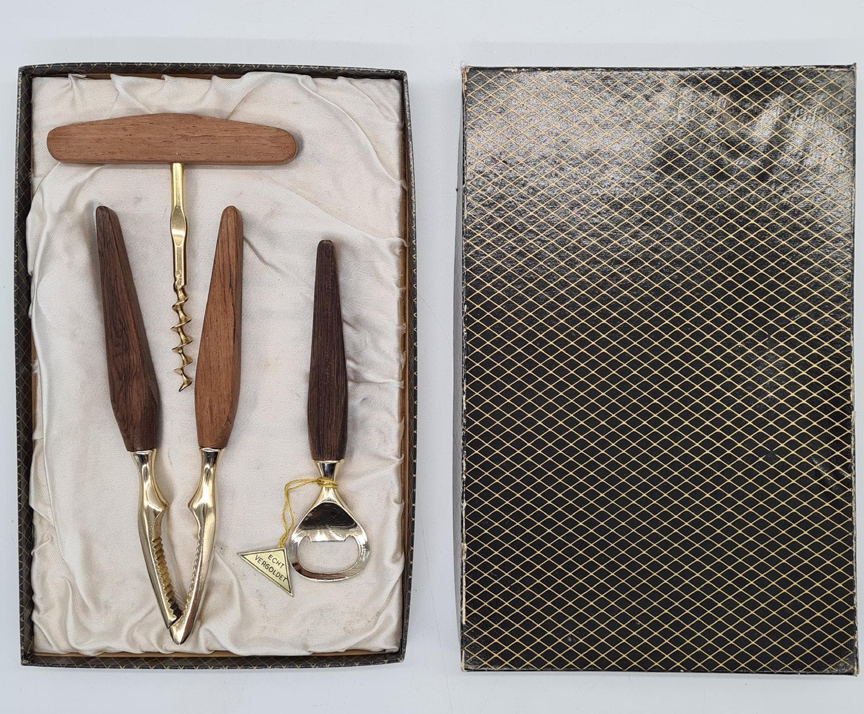 Bar set, brown, rosewood walnut, gold-plated metal, Germany, 1960s. - 357317