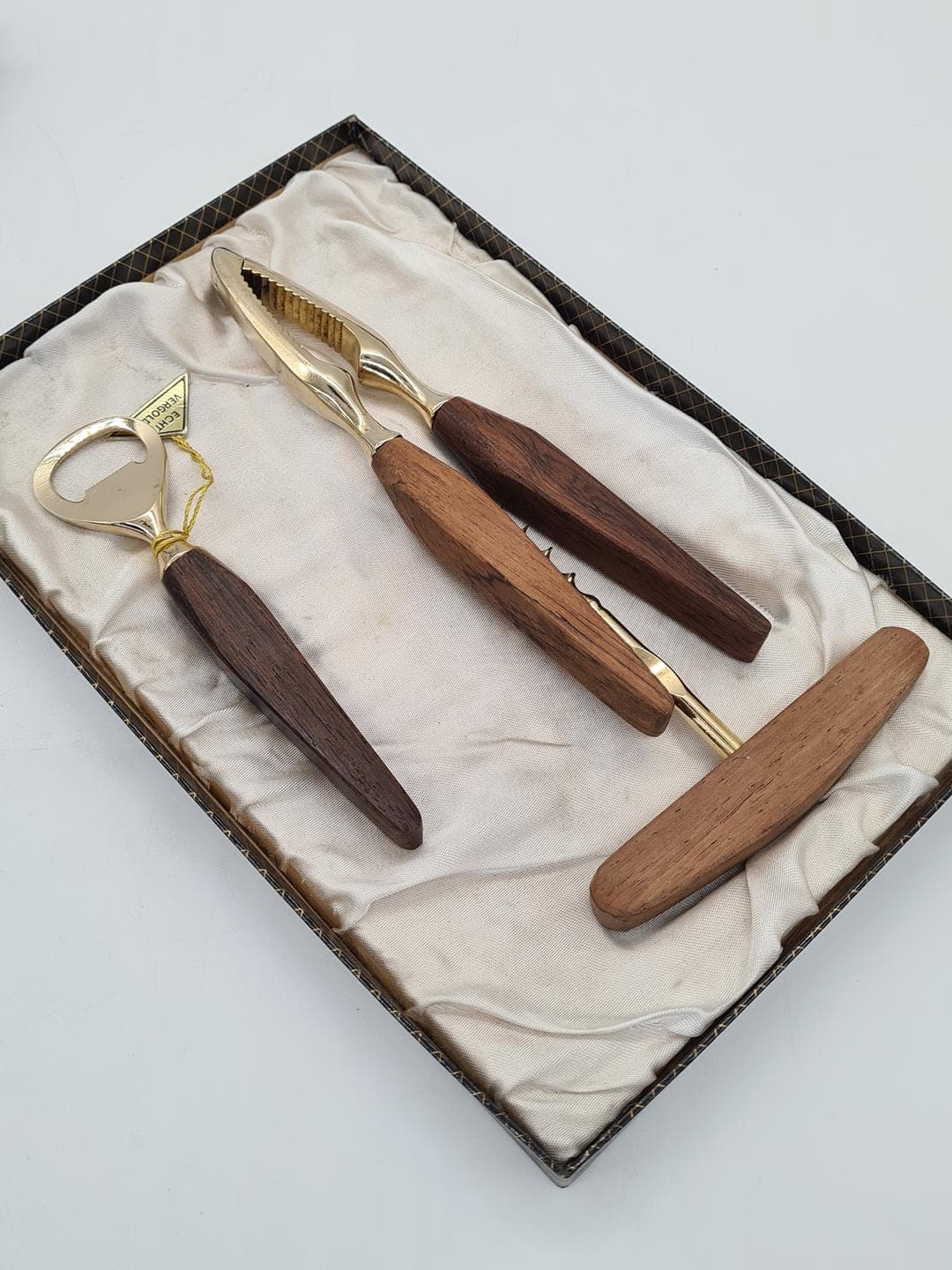 Bar set, brown, rosewood walnut, gold-plated metal, Germany, 1960s. - 357311