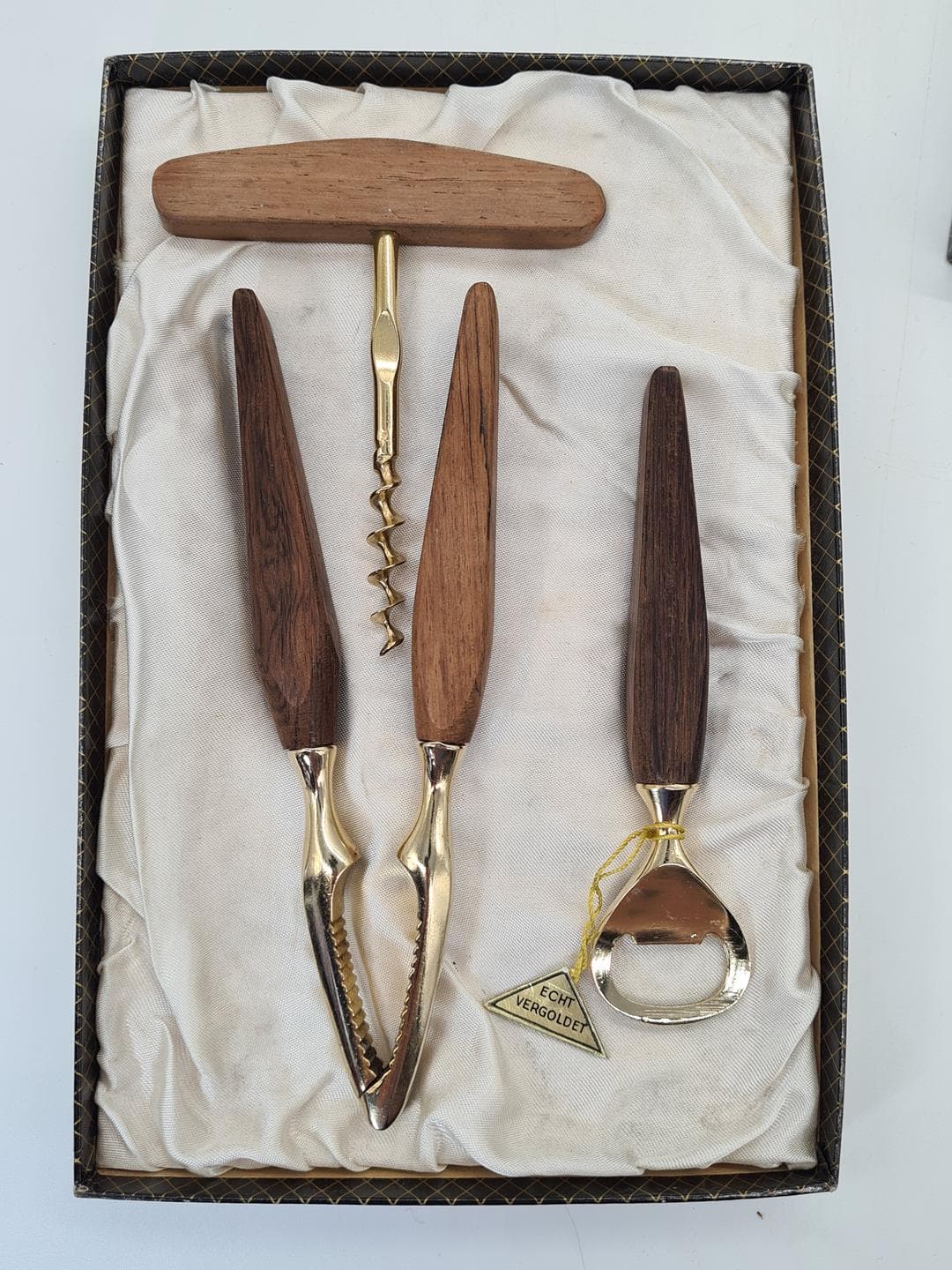 Bar set, brown, rosewood walnut, gold-plated metal, Germany, 1960s. - 357316