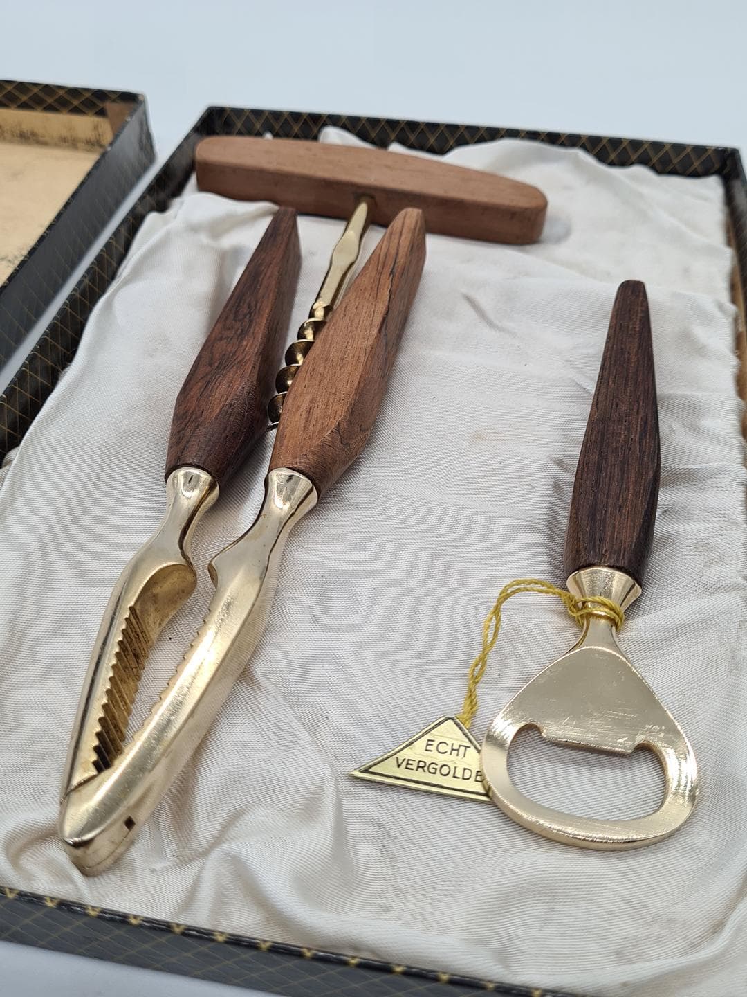 Bar set, brown, rosewood walnut, gold-plated metal, Germany, 1960s. - 357315