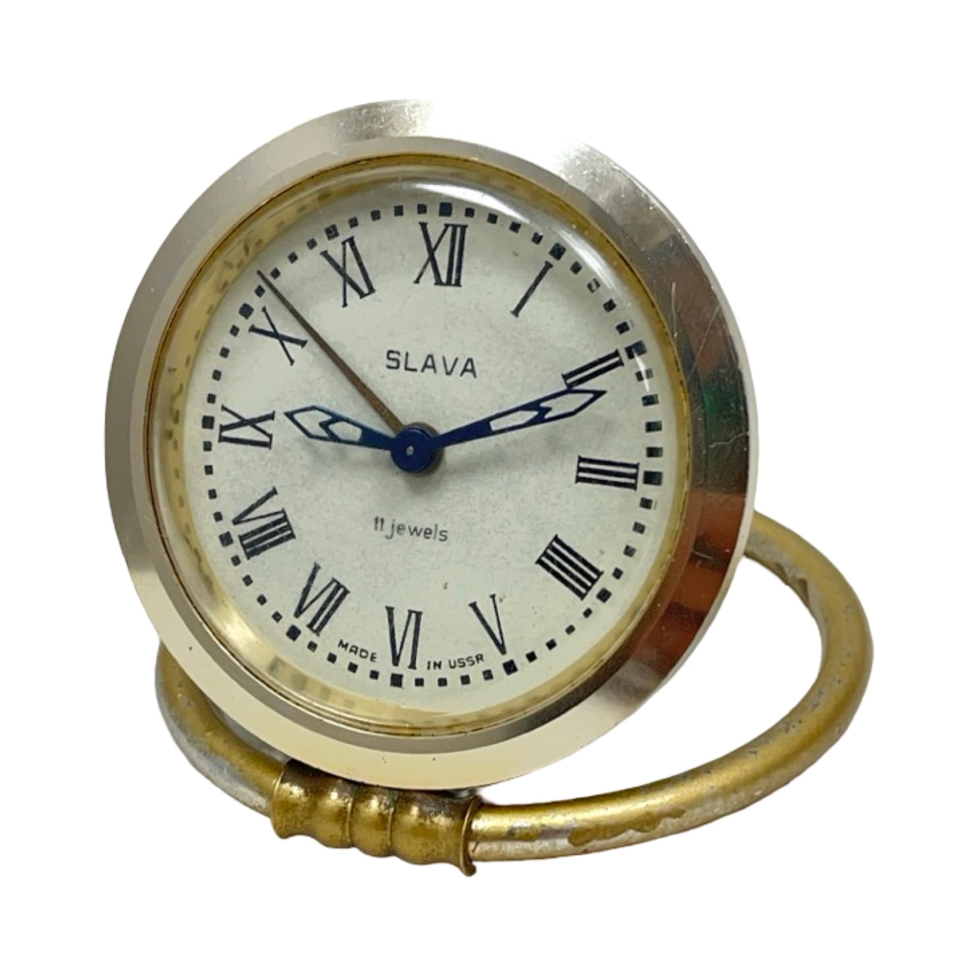 Budzik Slava 11 jewels, złoty mosiądz, chrom srebrny, ZSRR, lata 60. - 358167
