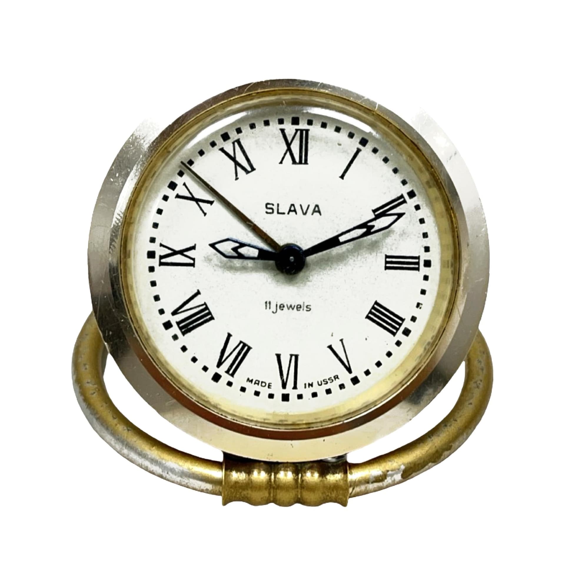 Budzik Slava 11 jewels, złoty mosiądz, chrom srebrny, ZSRR, lata 60.
