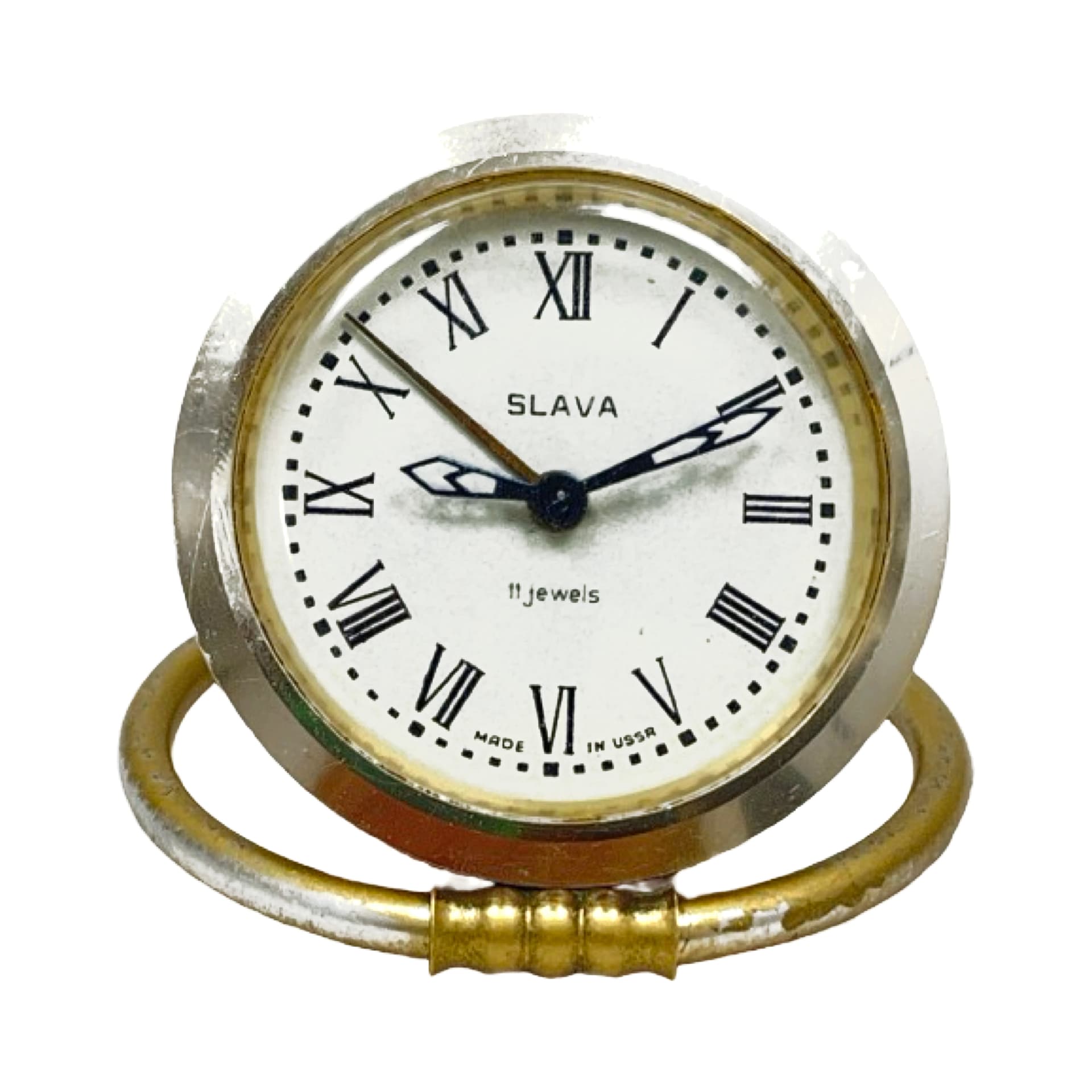 Budzik Slava 11 jewels, złoty mosiądz, chrom srebrny, ZSRR, lata 60. - 358175