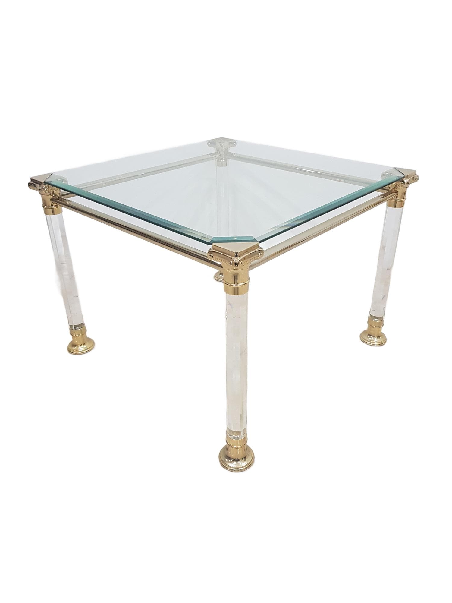 Coffee Table Hollywood Regency, gold-plated metal transparent acrylic glass, Italy, 1970s.