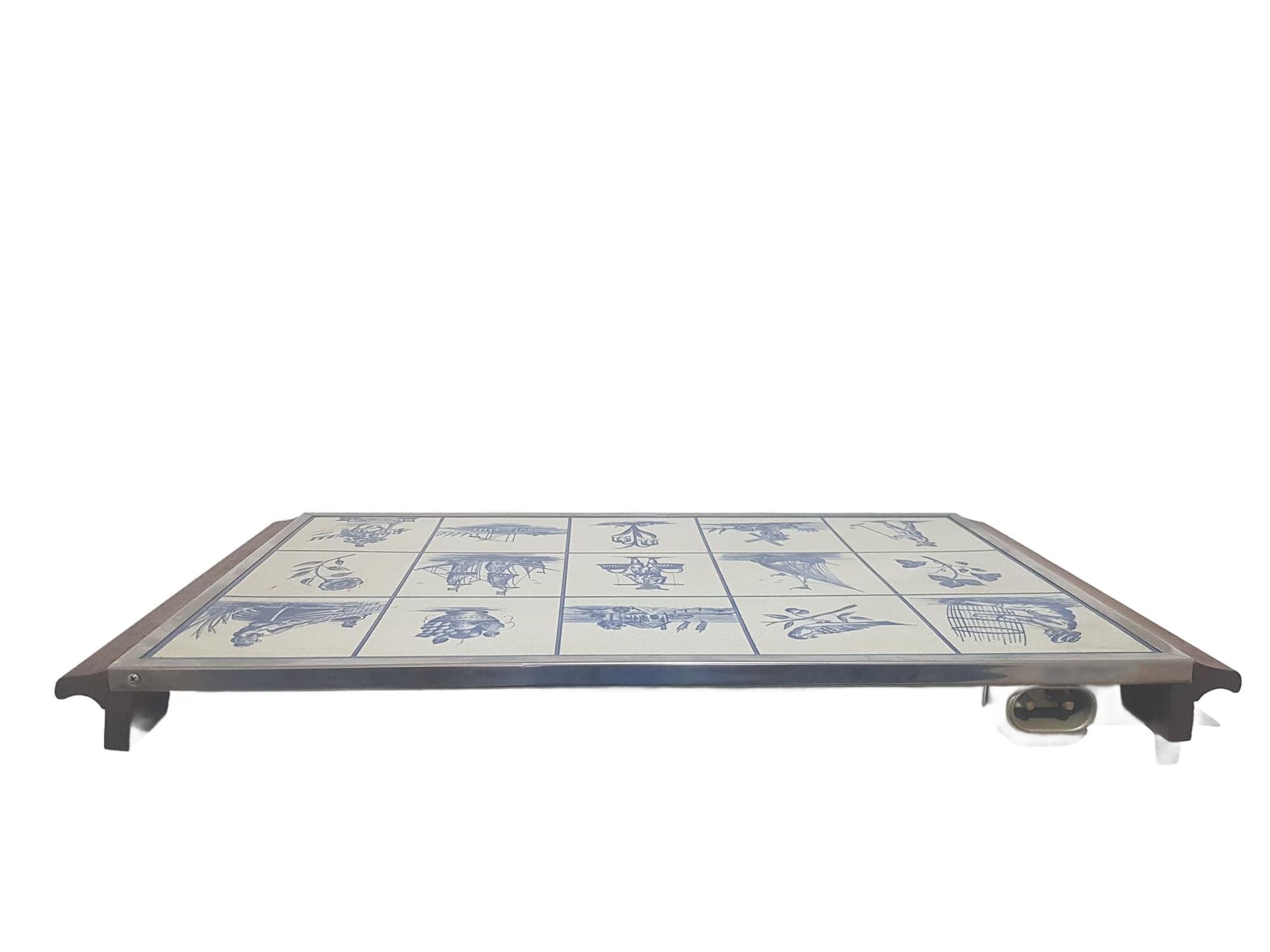 Warming tray, brown wood, white ceramic, silver stainless steel, Germany, 1970s.