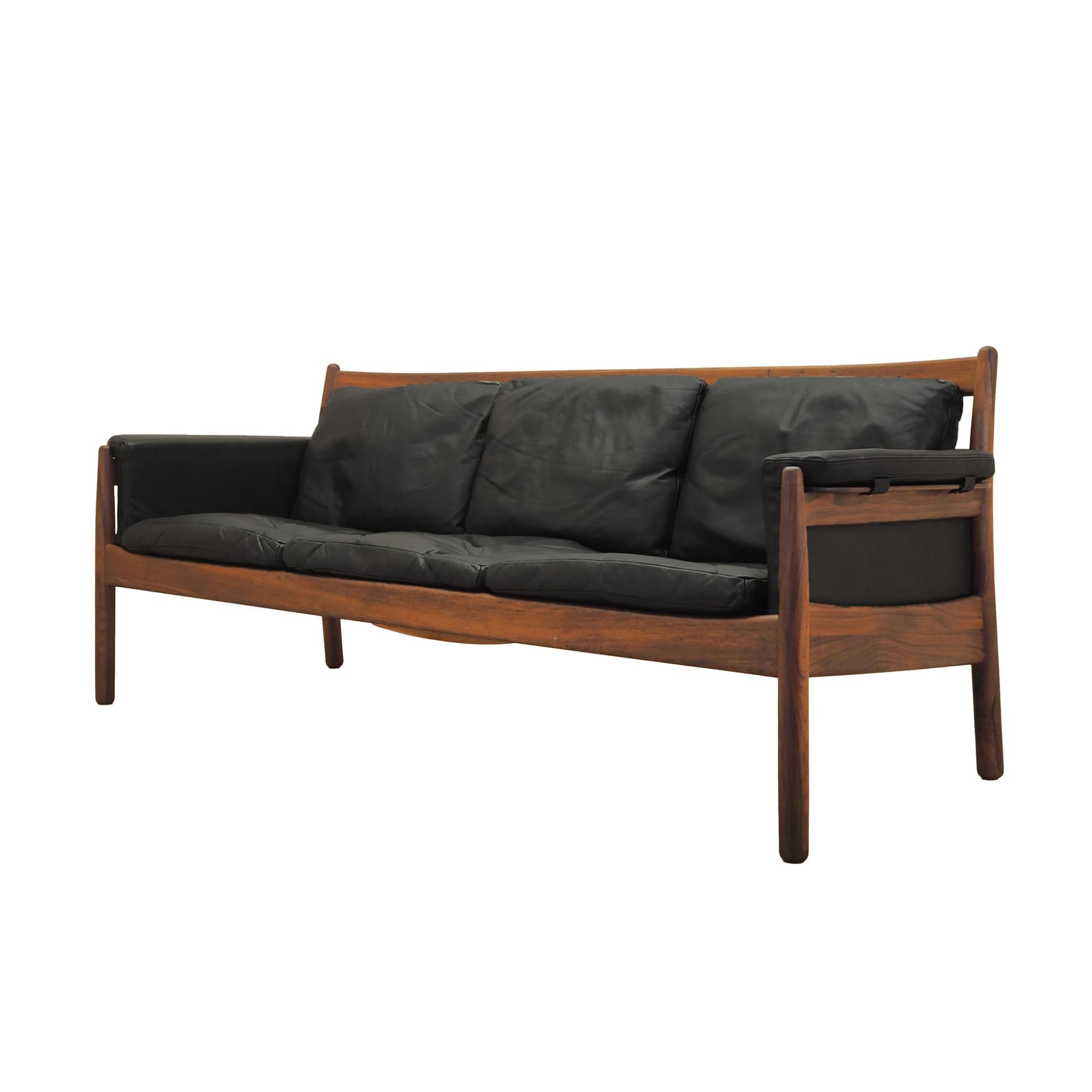 Sofa, palisander brązowy, skóra czarna, Szwecja, lata 60.
