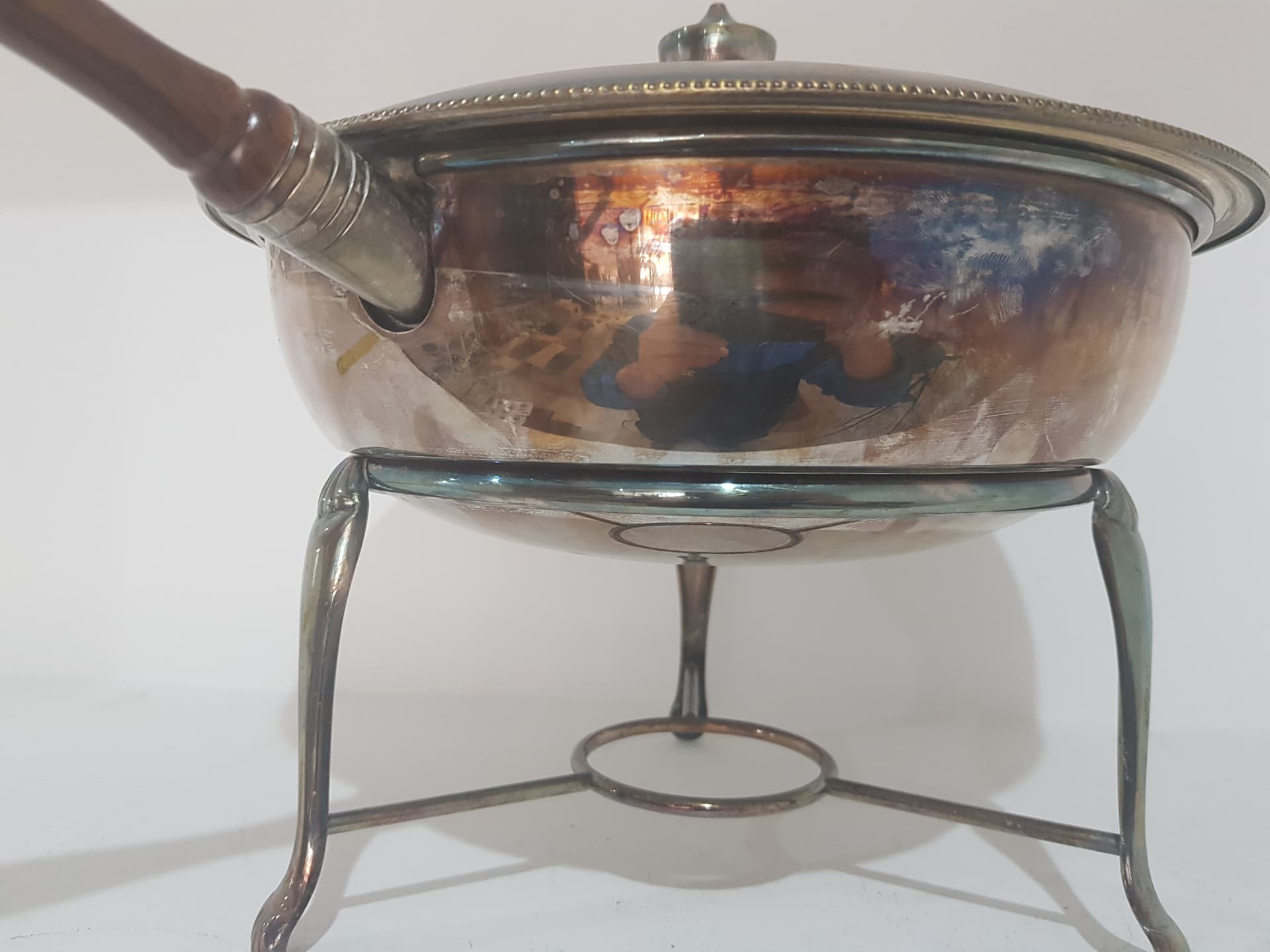 Food warmer, silver-plated metal, brown wood, France, 1950s - 358543