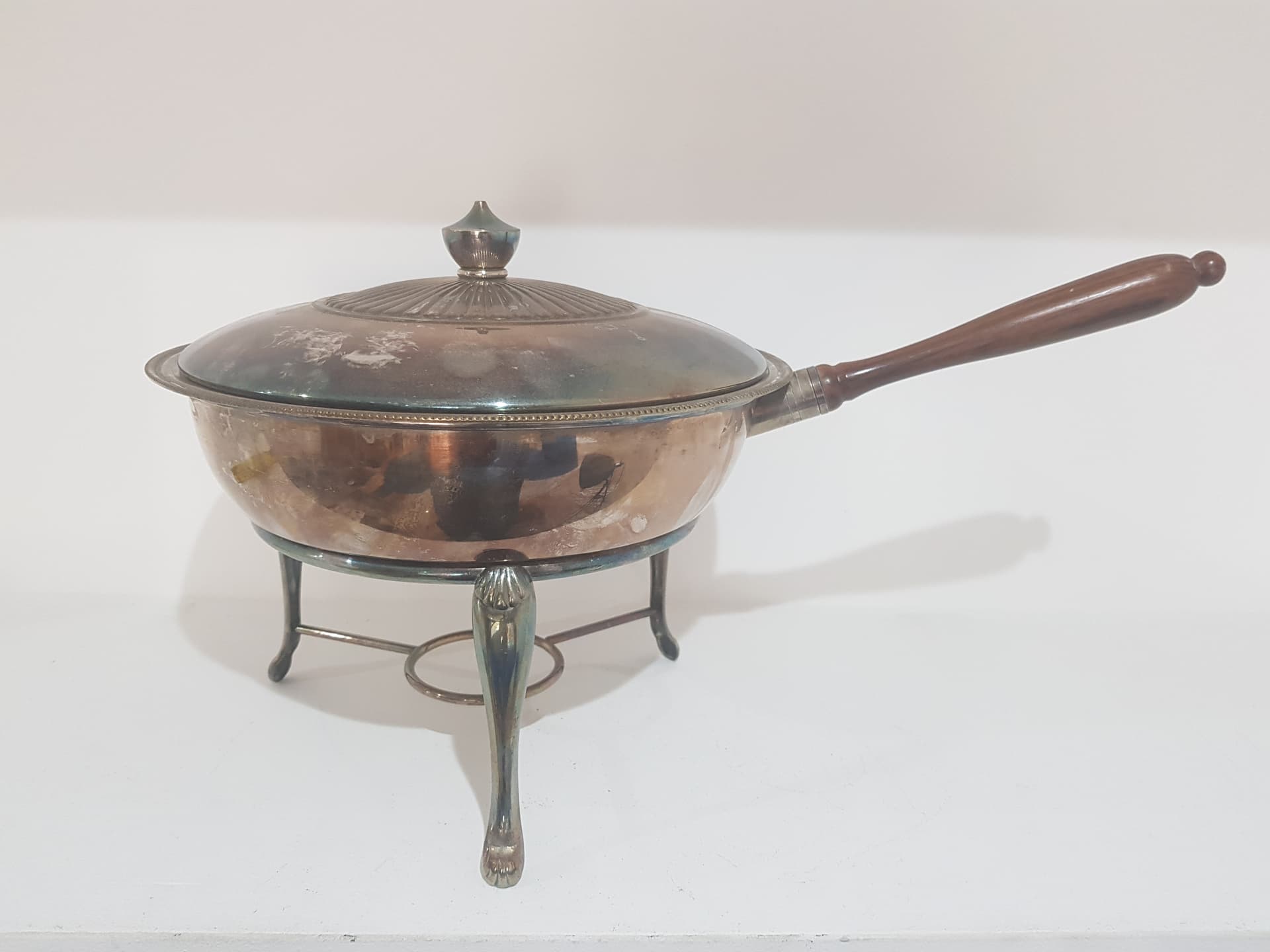 Food warmer, silver-plated metal, brown wood, France, 1950s - 358536