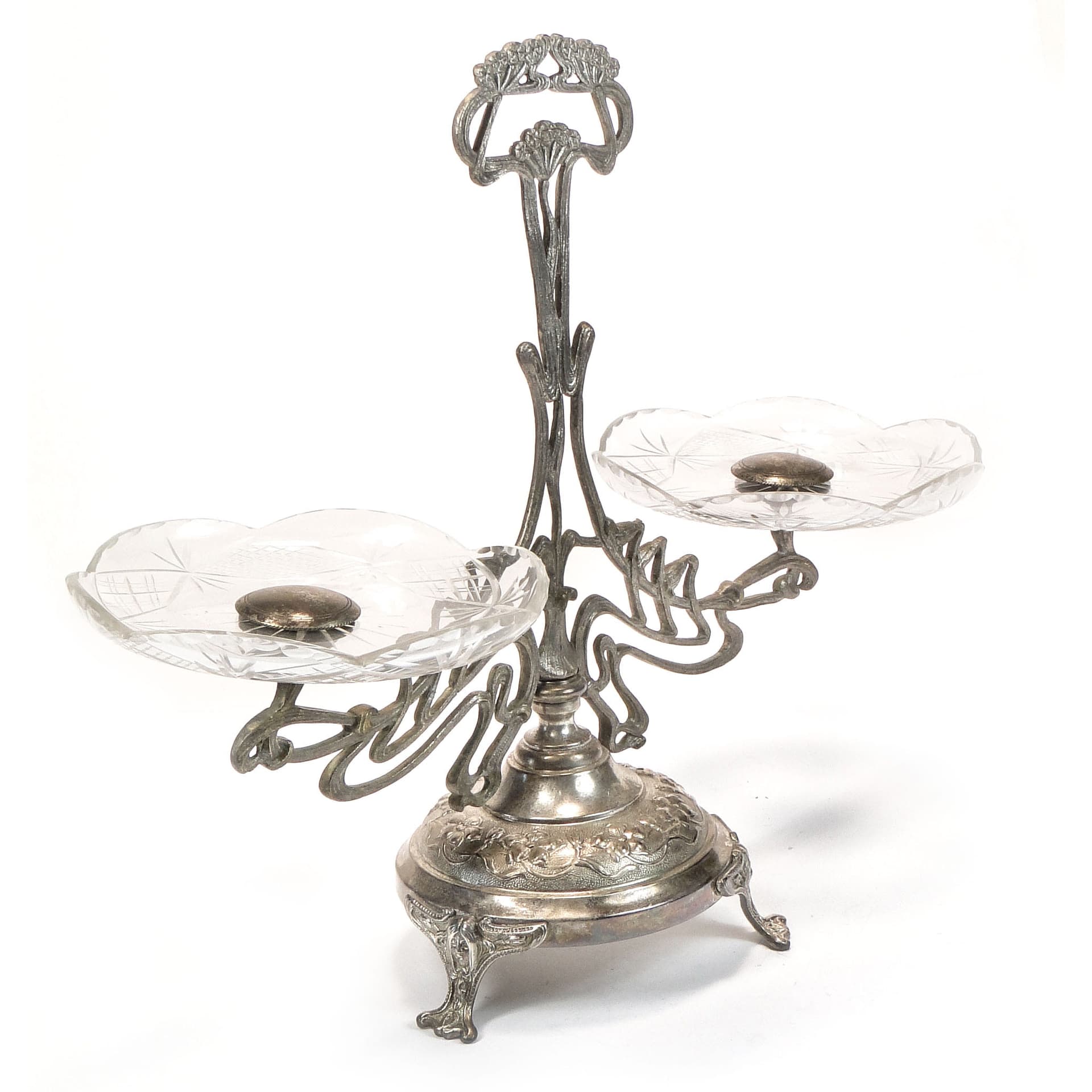Art Nouveau centerpiece, silver transparent, brass glass, Germany, 1890s.