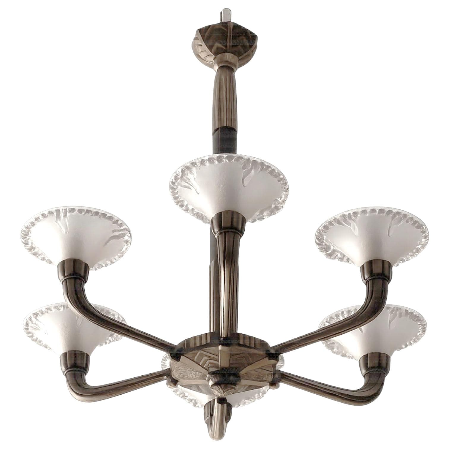 Chandelier Art Deco, silver bronze, glass, France, 1930s