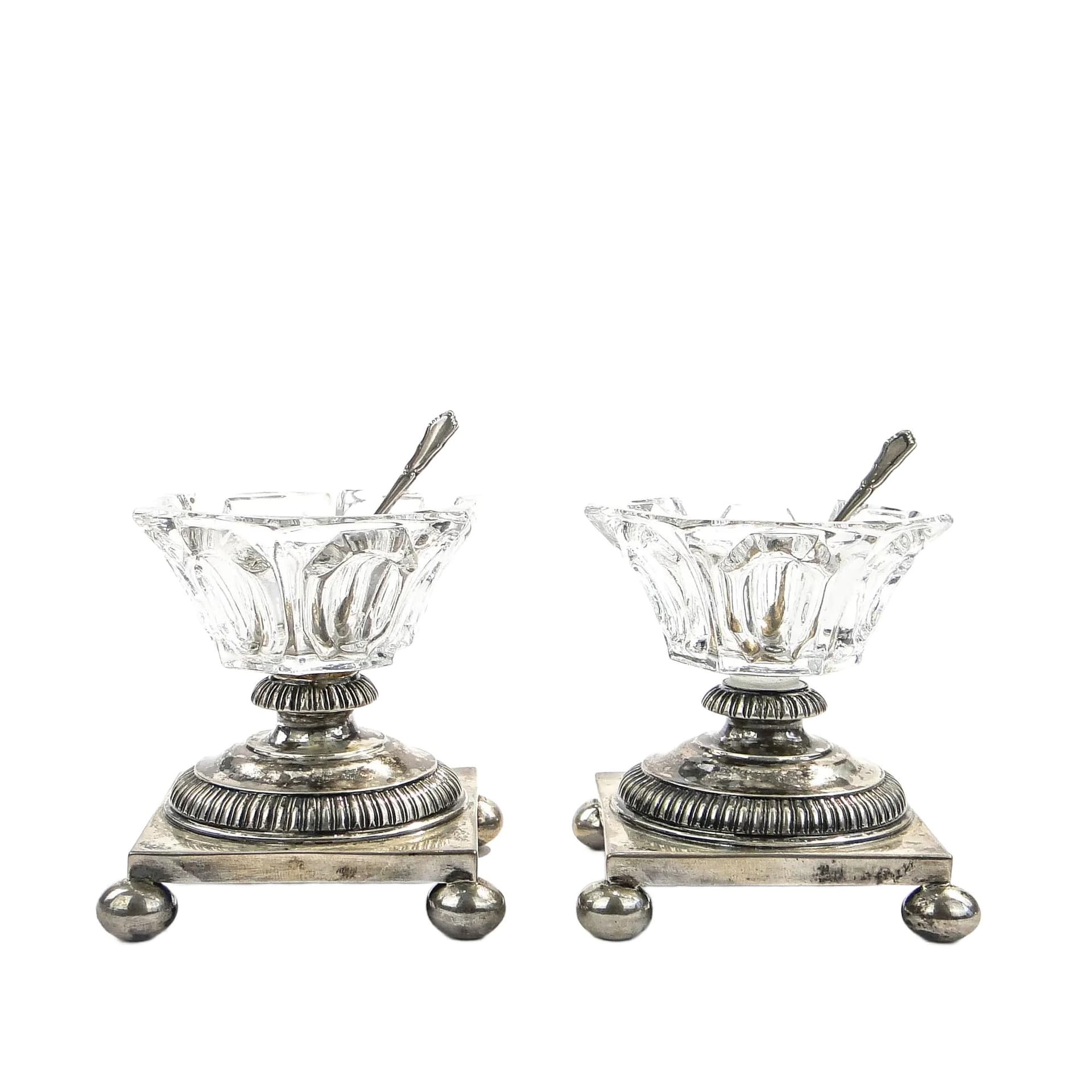 Pair of salt cellars, transparent crystal, silver, gold-plated, late 19th c.