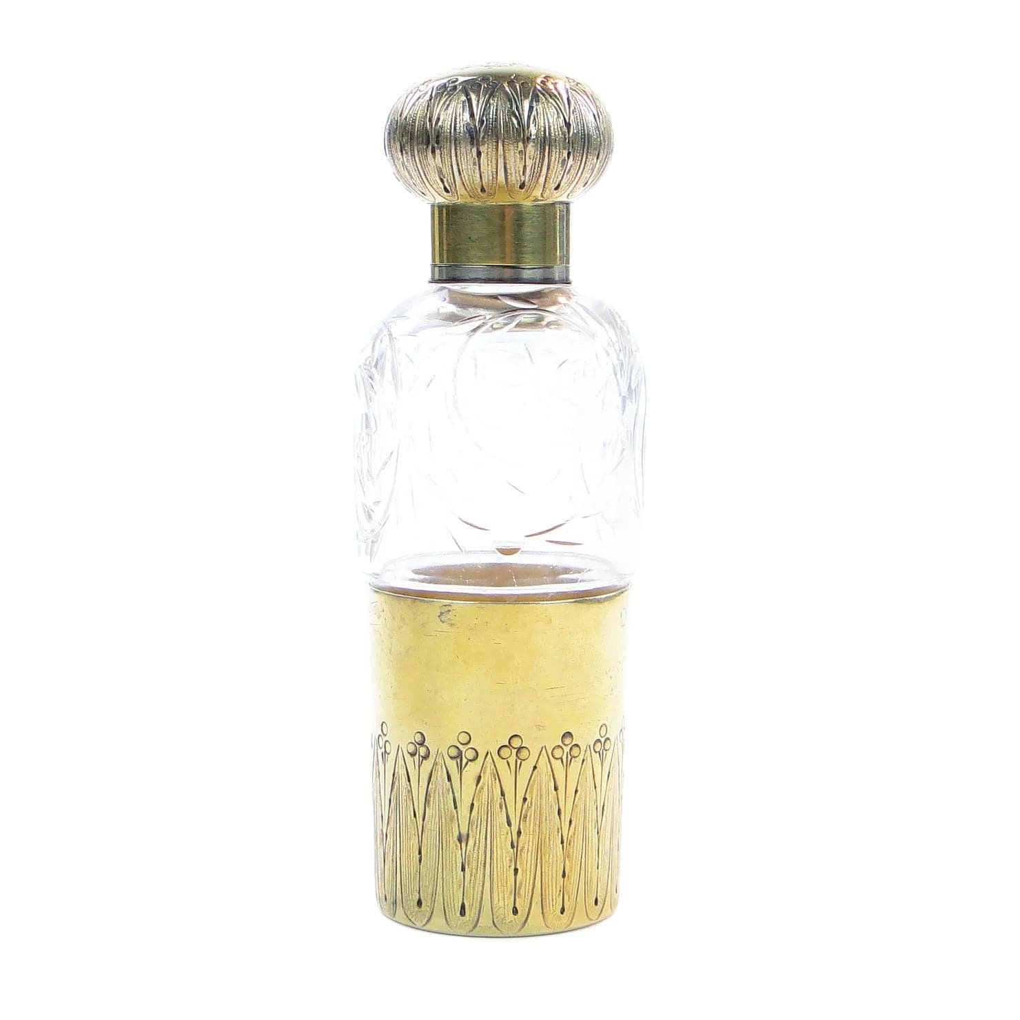 Art Nouveau Hip Flask, transparent crystal, gilt silver, France, early 20th c.