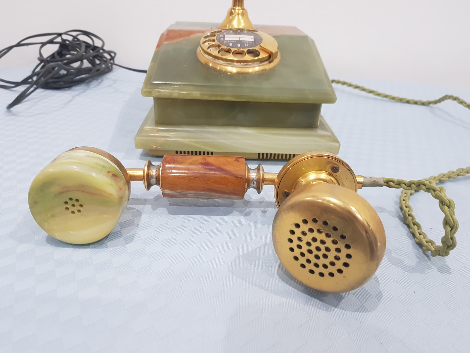 Telefon stacjonarny, marmur zielony, mosiądz złoty, Włochy, lata 60. - 359224