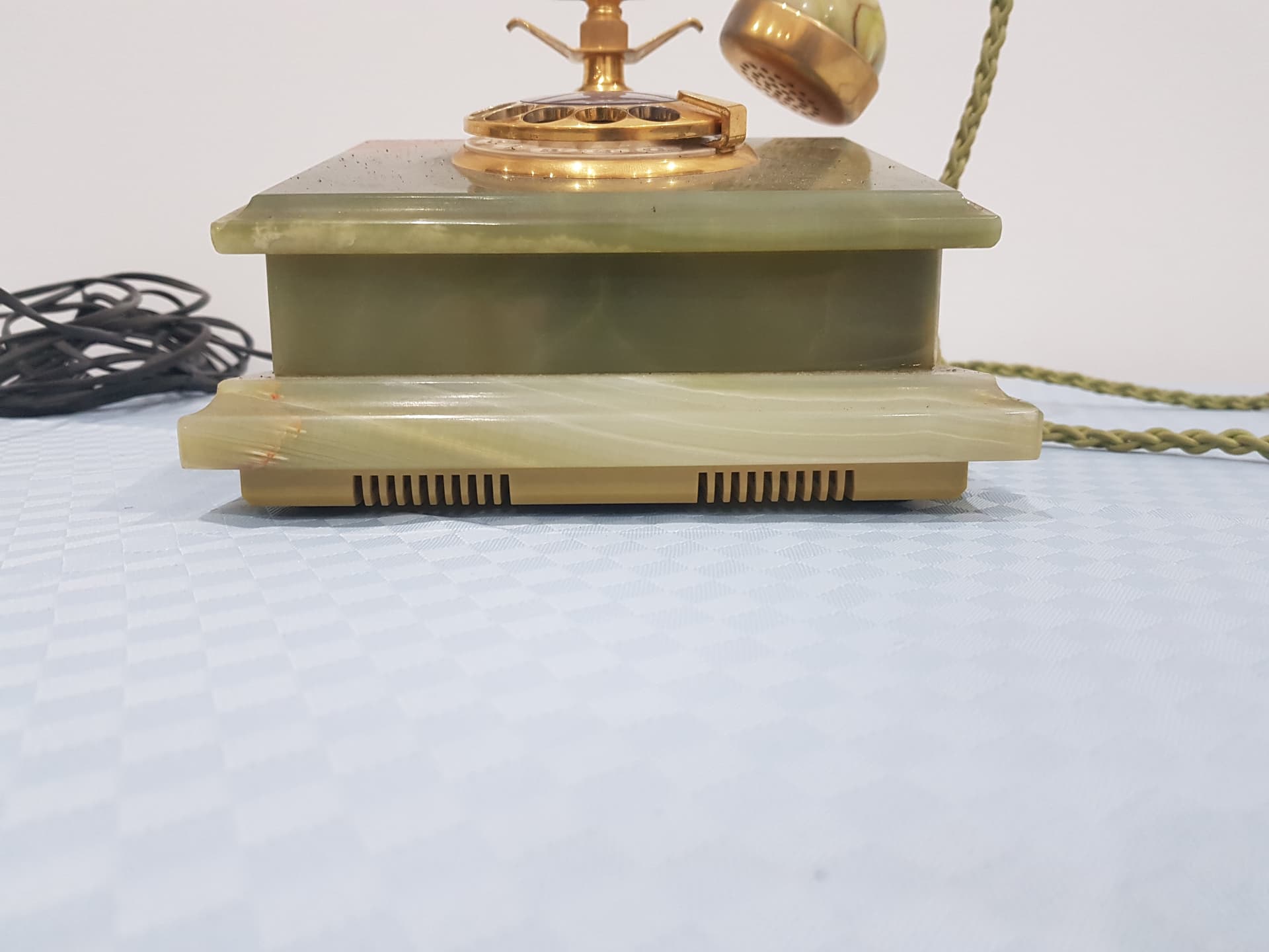 Telefon stacjonarny, marmur zielony, mosiądz złoty, Włochy, lata 60. - 359227