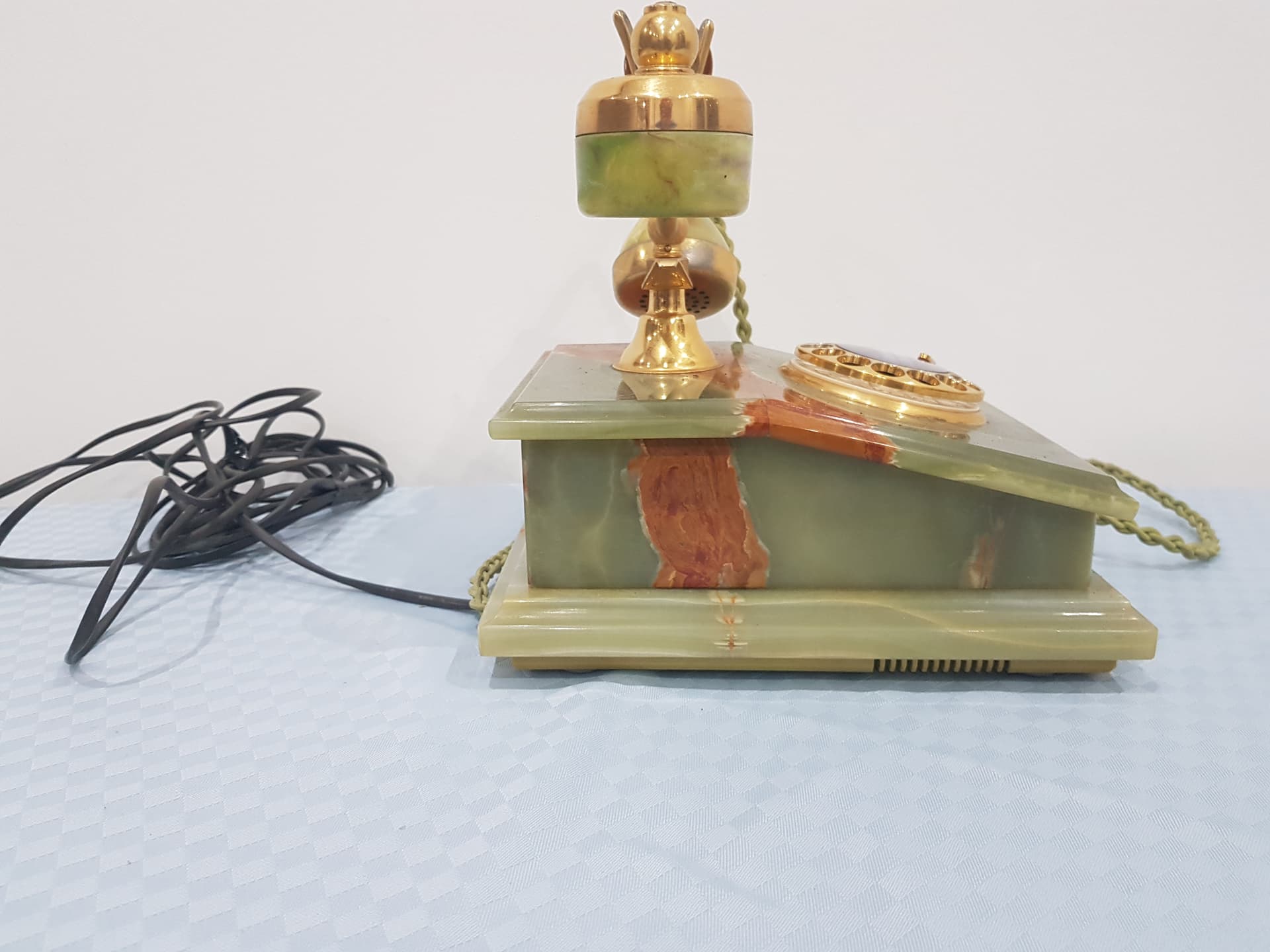 Telefon stacjonarny, marmur zielony, mosiądz złoty, Włochy, lata 60. - 359219