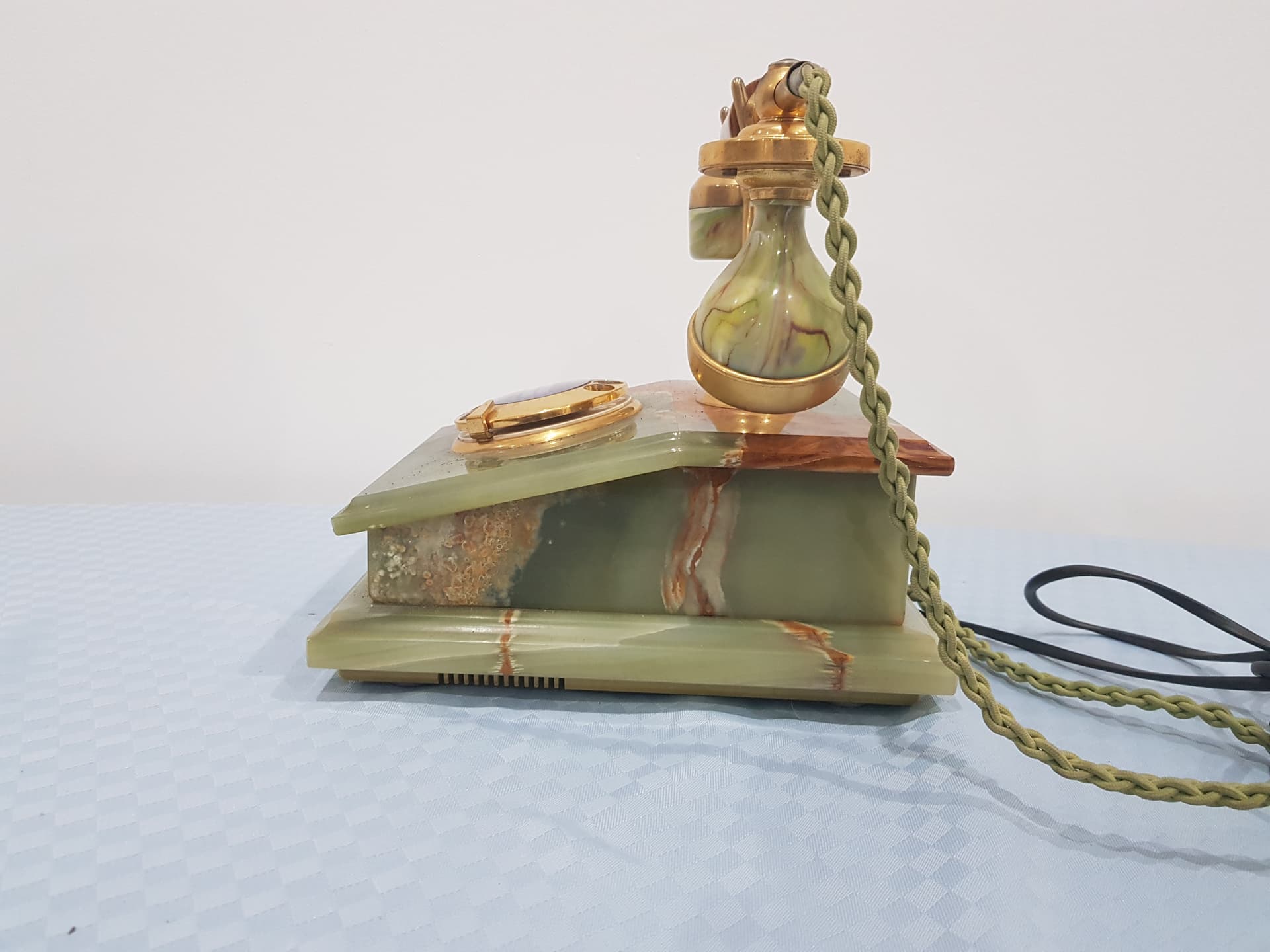 Telefon stacjonarny, marmur zielony, mosiądz złoty, Włochy, lata 60. - 359225