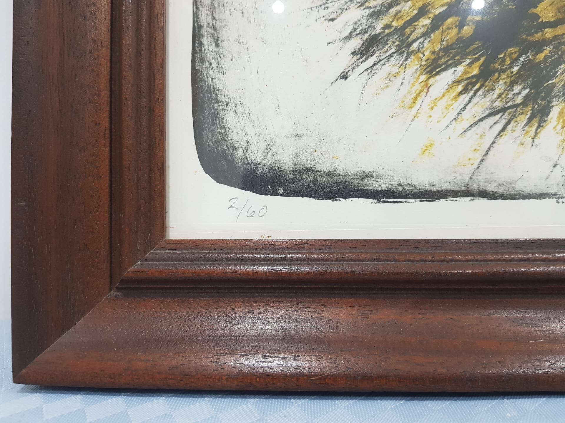 Lithograph In the red dress, red, paper, oak frame, by J. Bogadóttir, Iceland, 1980s. - 359255