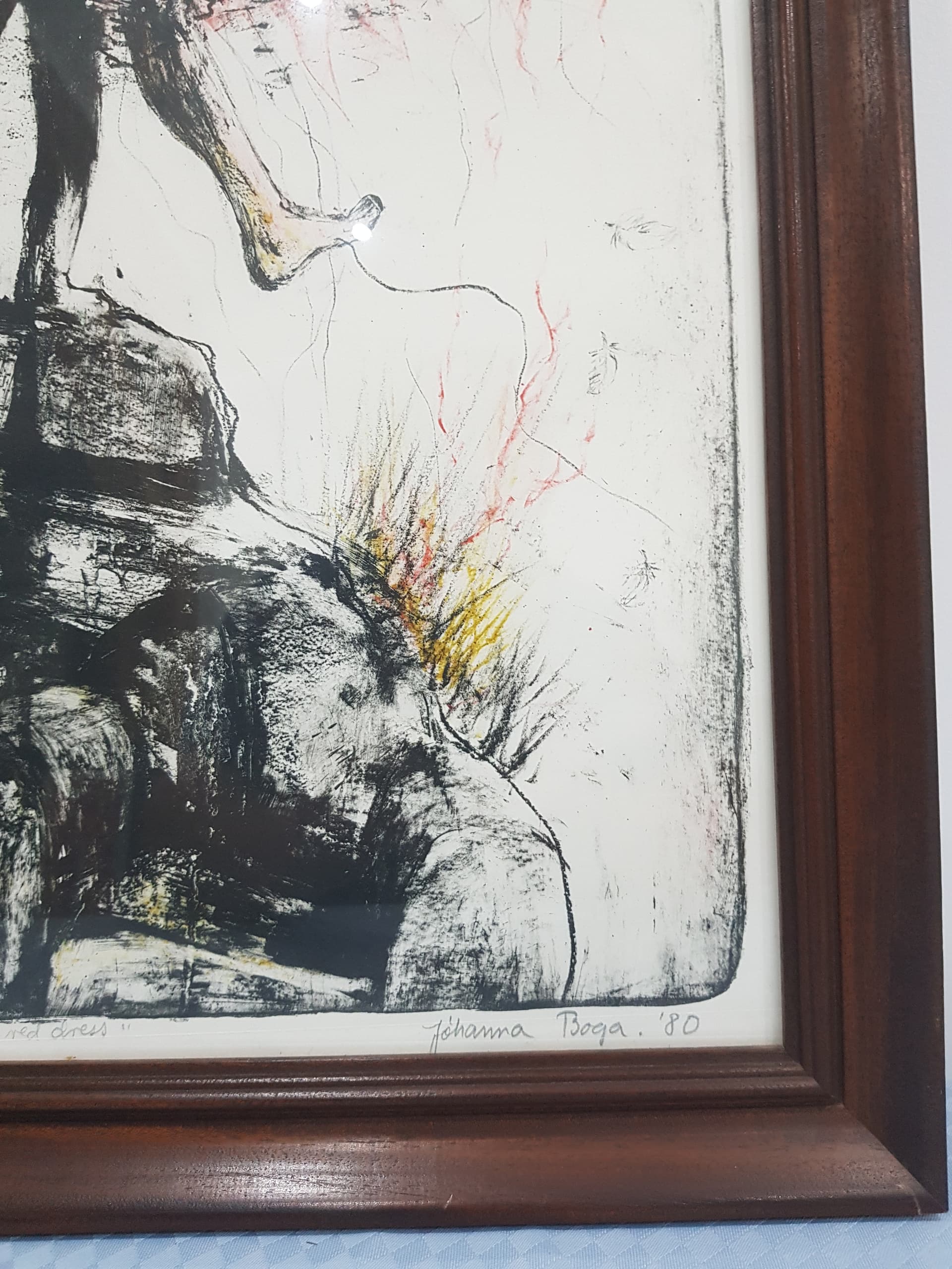 Lithograph In the red dress, red, paper, oak frame, by J. Bogadóttir, Iceland, 1980s. - 359259