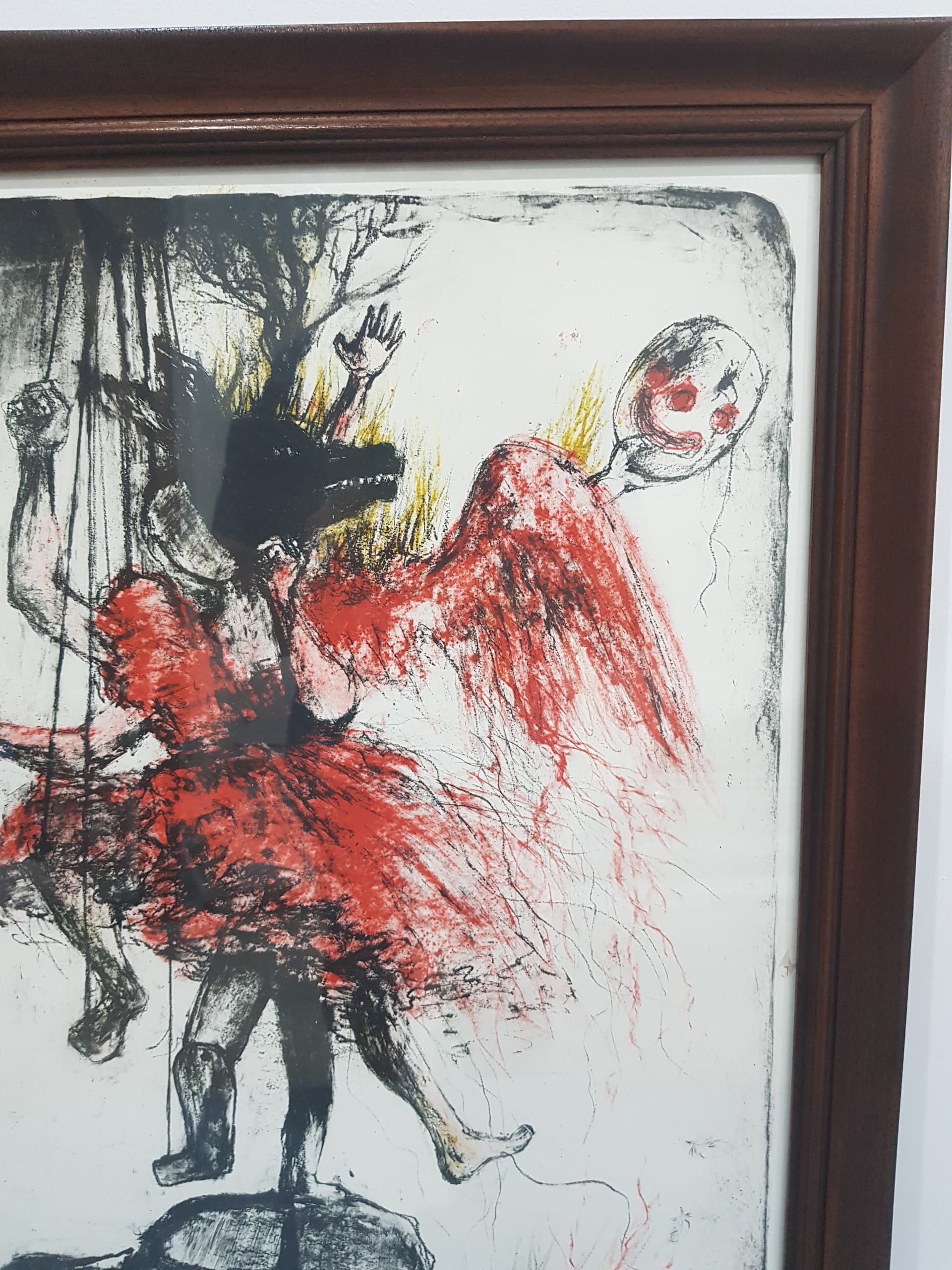 Lithograph In the red dress, red, paper, oak frame, by J. Bogadóttir, Iceland, 1980s. - 359254