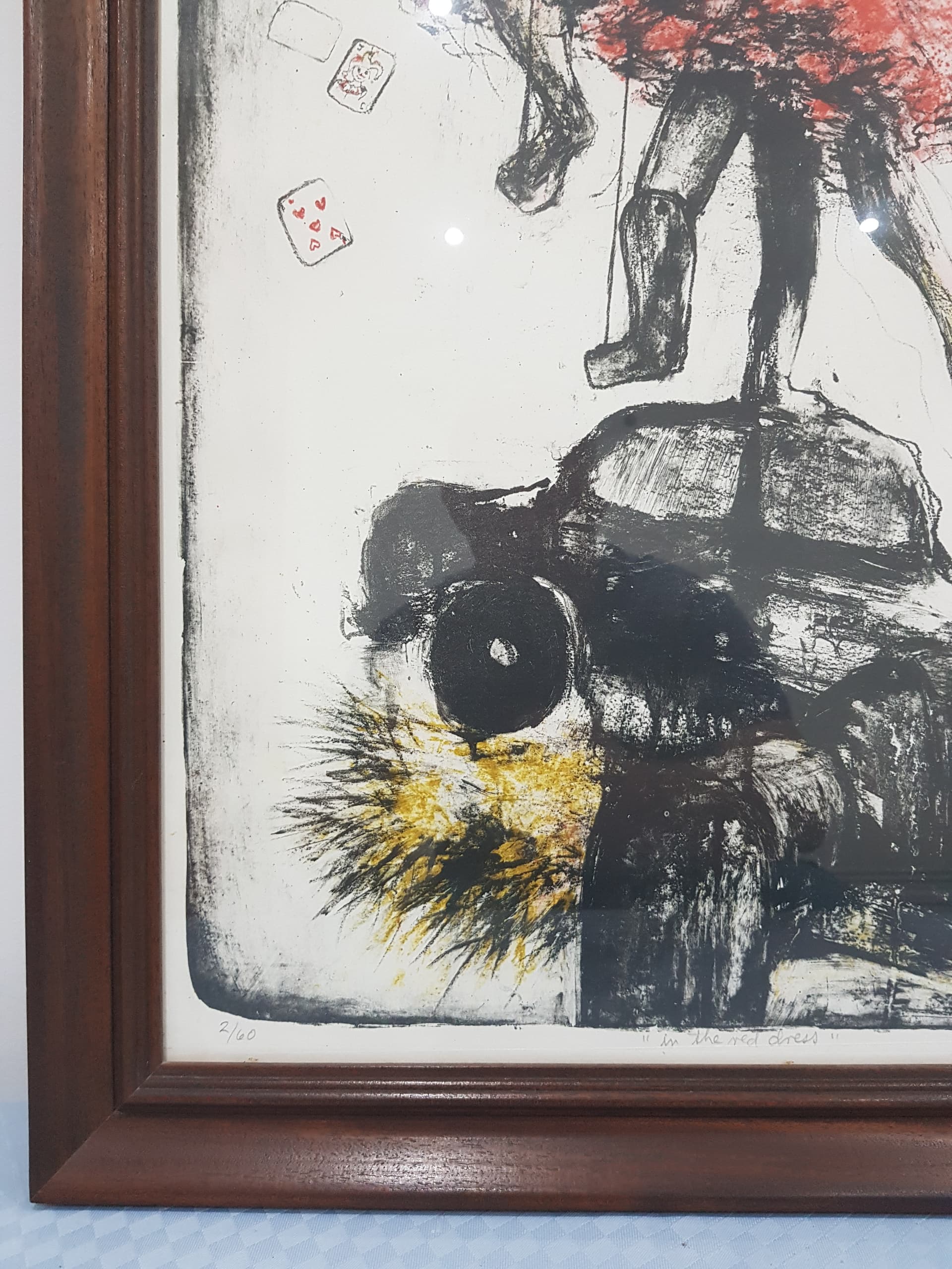 Lithograph In the red dress, red, paper, oak frame, by J. Bogadóttir, Iceland, 1980s. - 359257