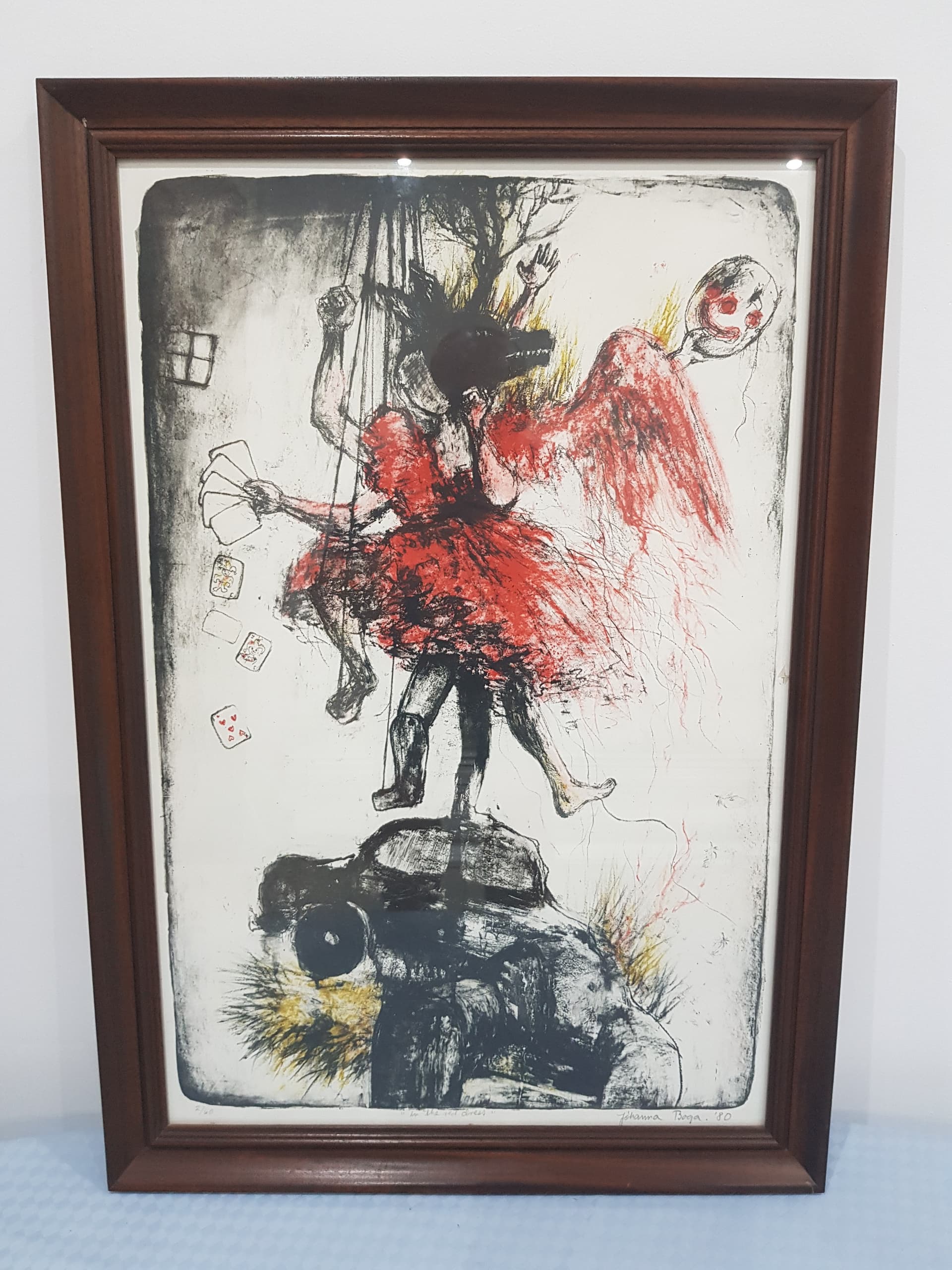 Lithograph In the red dress, red, paper, oak frame, by J. Bogadóttir, Iceland, 1980s. - 359253