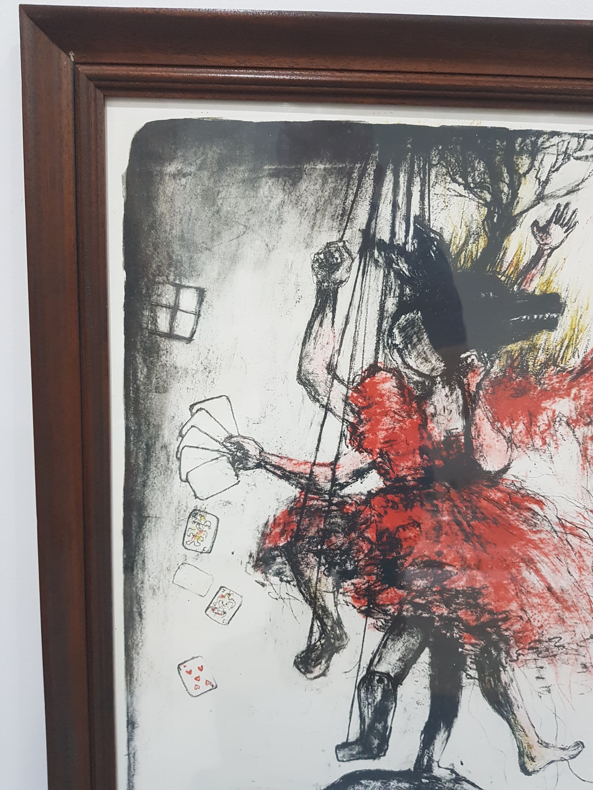 Lithograph In the red dress, red, paper, oak frame, by J. Bogadóttir, Iceland, 1980s. - 359258