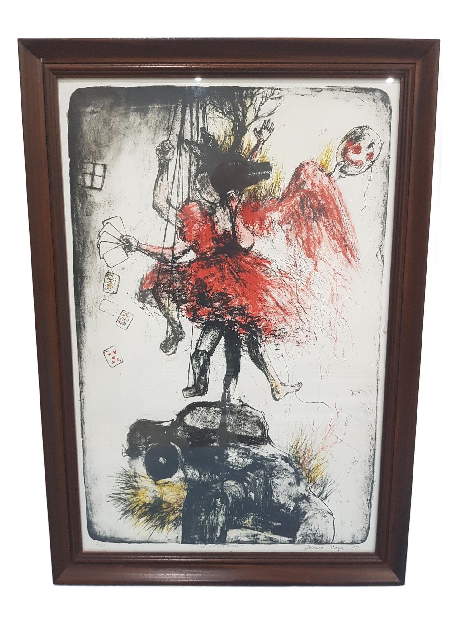 Lithograph In the red dress, red, paper, oak frame, by J. Bogadóttir, Iceland, 1980s.