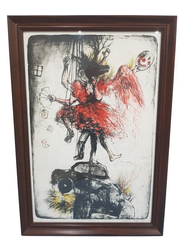 Lithograph In the red dress, red, paper, oak frame, by J. Bogadóttir, Iceland, 1980s. - DIMENSION