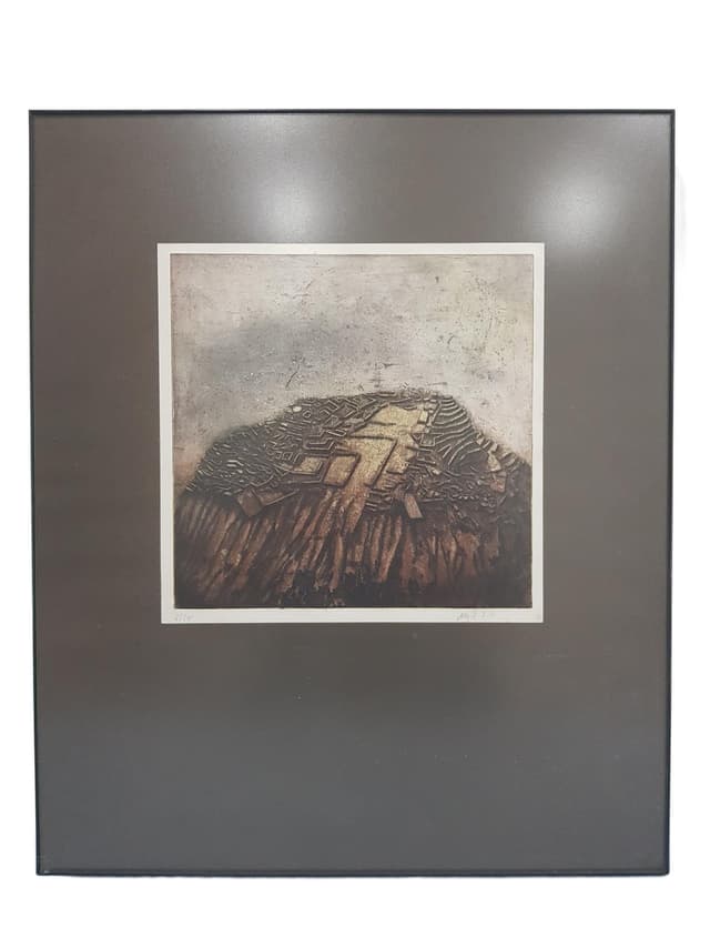 Abstract lithograph, brown, beige, gold, Austria, 1970s - DIMENSION