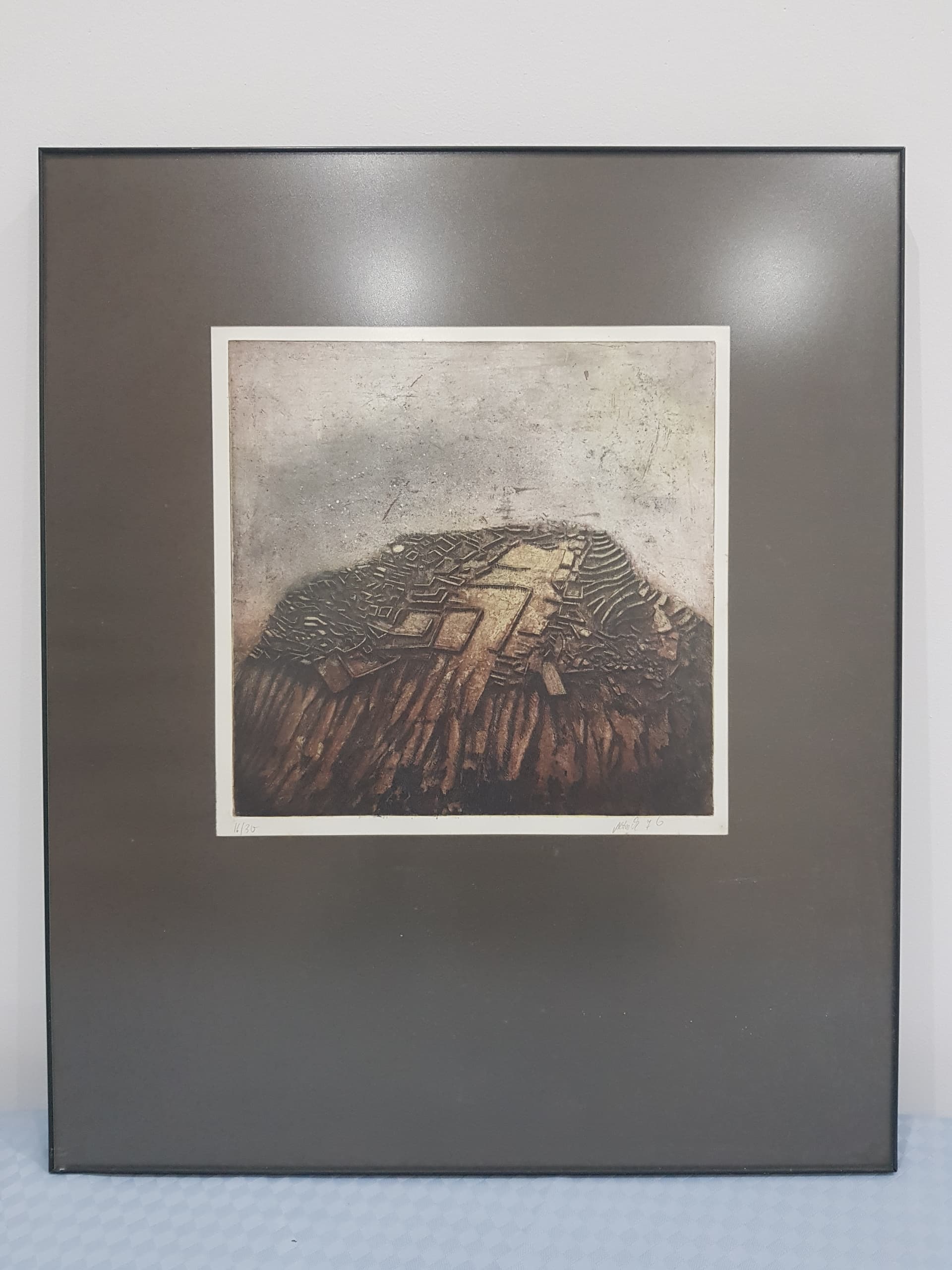 Abstract lithograph, brown, beige, gold, Austria, 1970s - 359260