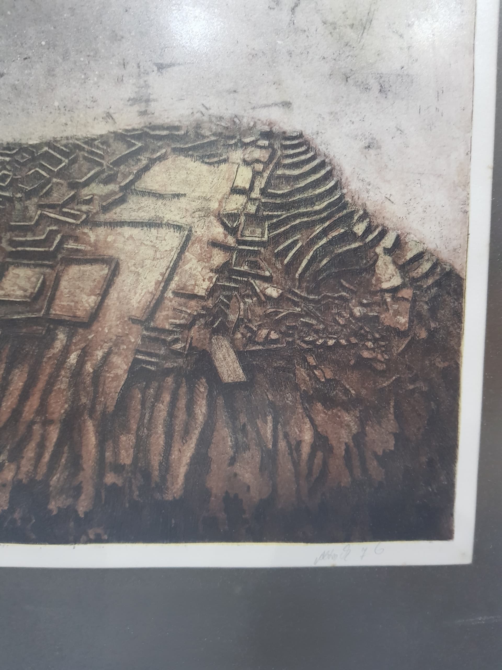 Abstract lithograph, brown, beige, gold, Austria, 1970s - 359263