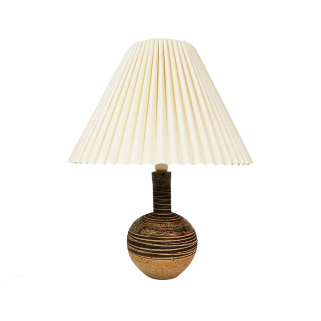 Lampa stołowa, ceramika beżowa brązowa, klosz papierowy biały, Tue Pulsen, Dania, lata 60. - WYMIARY