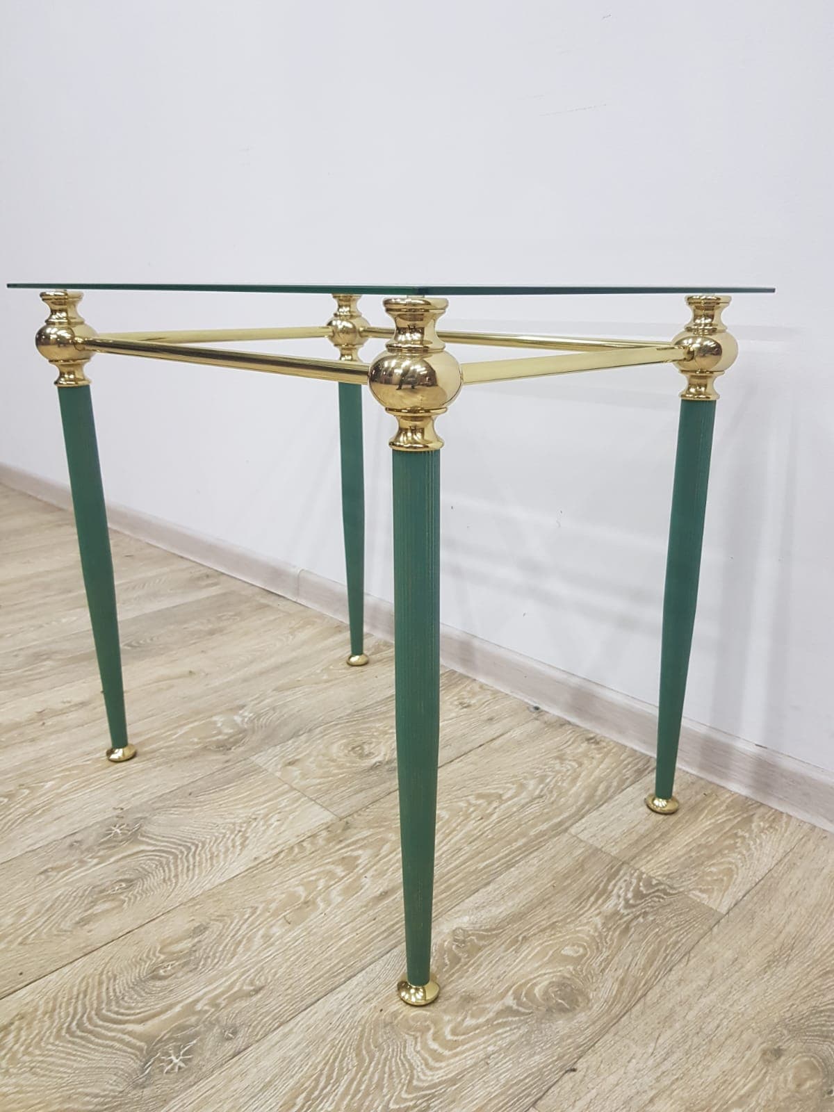 Side table Mid-Century Modern, transparent glass, gold brass, green metal, France, 1960s. - 359380