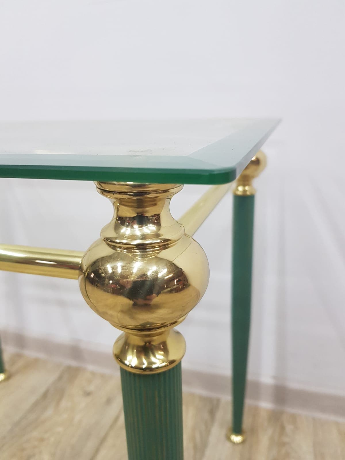 Side table Mid-Century Modern, transparent glass, gold brass, green metal, France, 1960s. - 359385