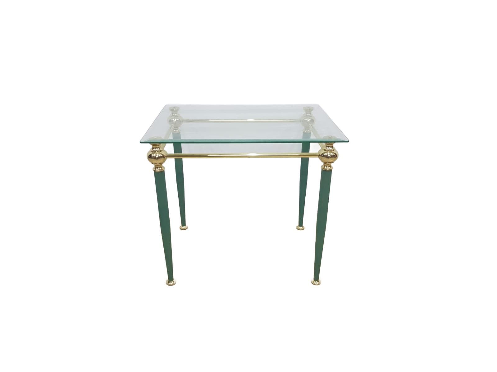 Side table Mid-Century Modern, transparent glass, gold brass, green metal, France, 1960s.