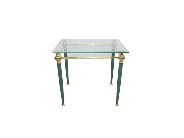 Side table Mid-Century Modern, transparent glass, gold brass, green metal, France, 1960s. - DIMENSION