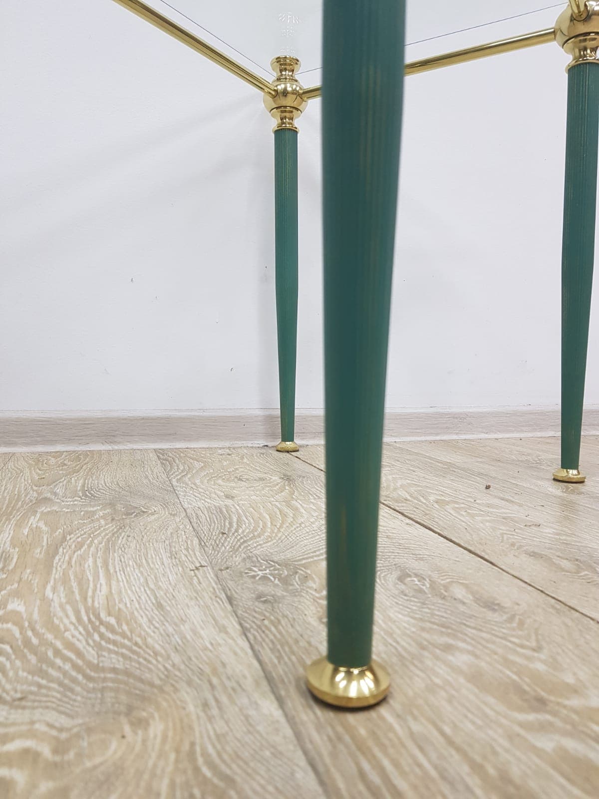 Side table Mid-Century Modern, transparent glass, gold brass, green metal, France, 1960s. - 359383