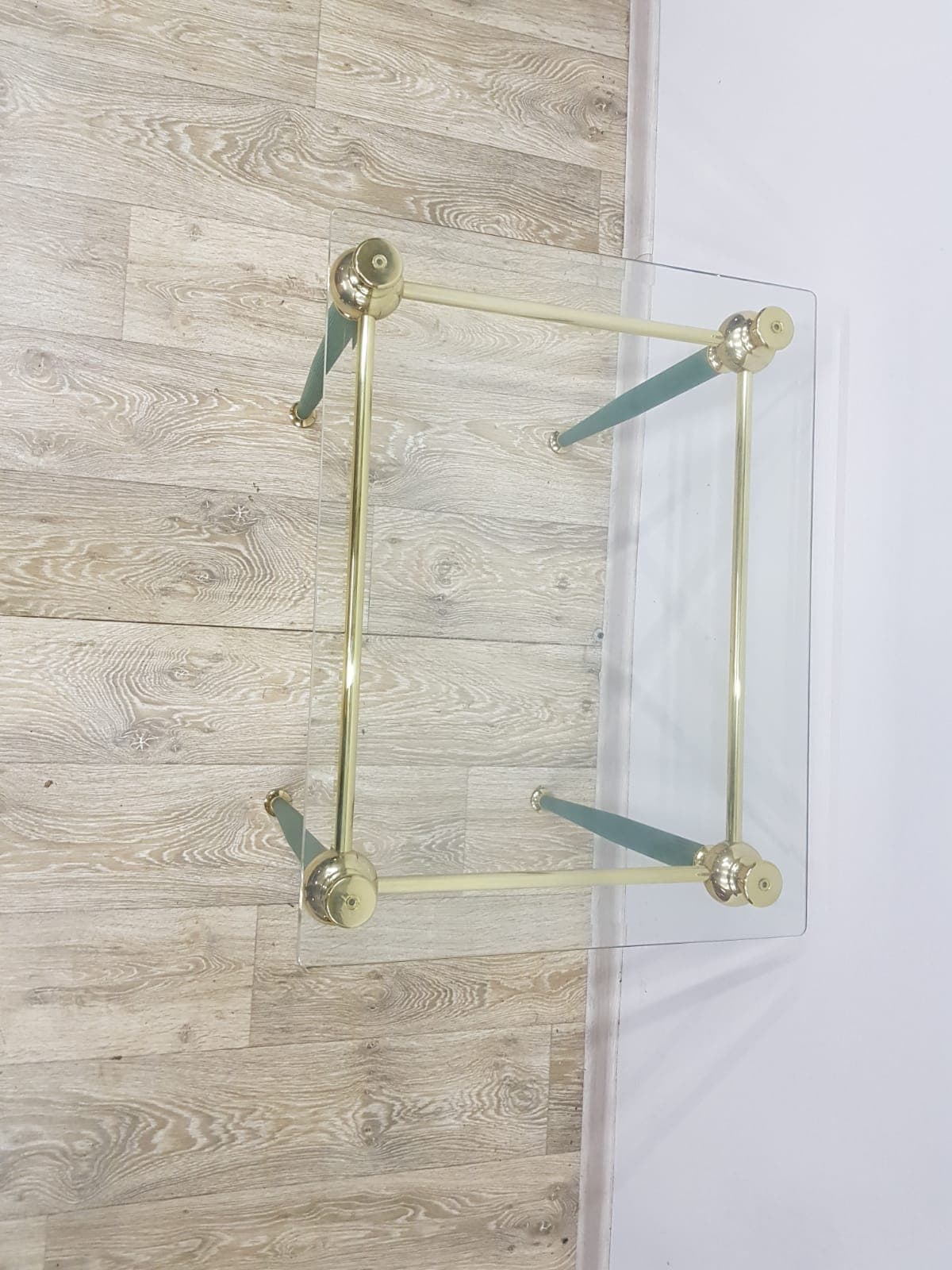 Side table Mid-Century Modern, transparent glass, gold brass, green metal, France, 1960s. - 359382