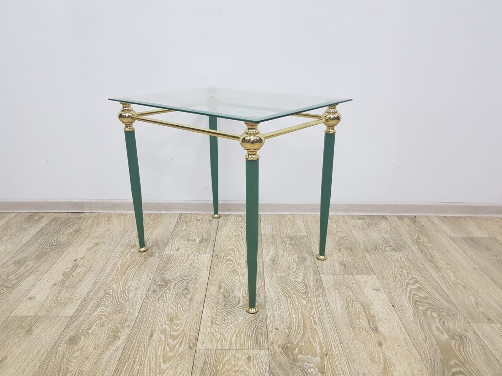 Side table Mid-Century Modern, transparent glass, gold brass, green metal, France, 1960s. - 359381