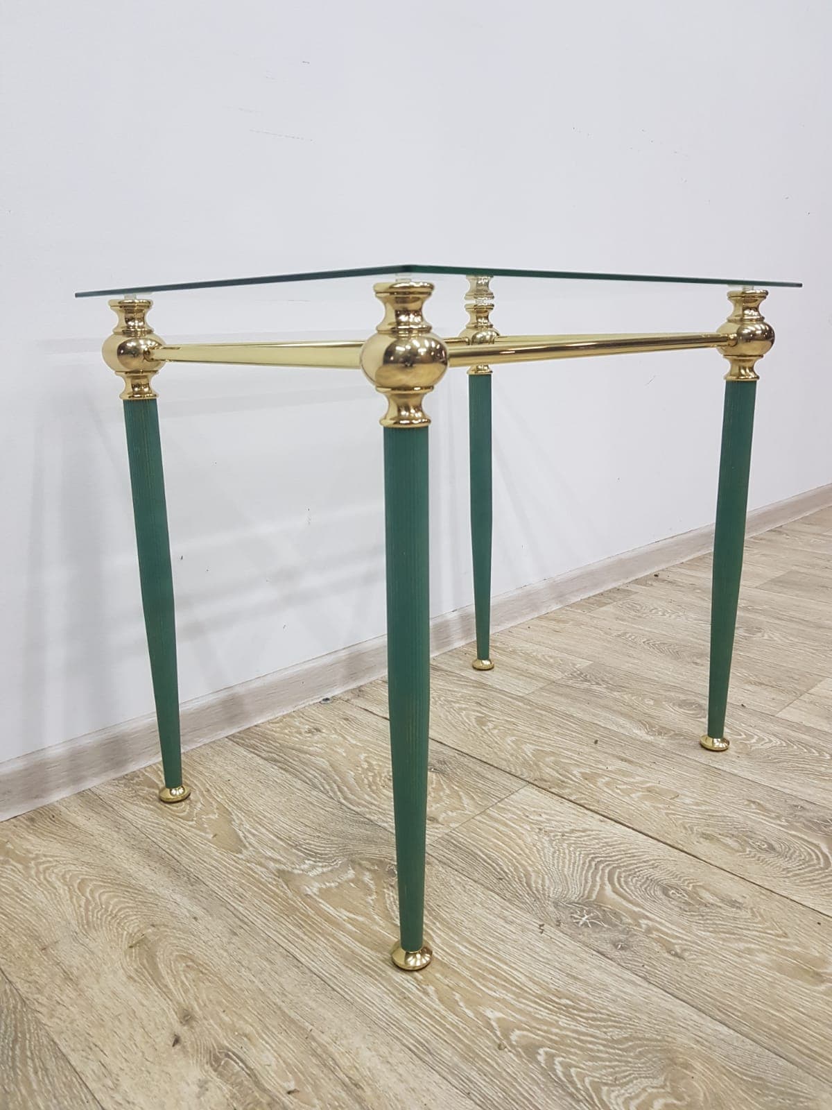 Side table Mid-Century Modern, transparent glass, gold brass, green metal, France, 1960s. - 359379