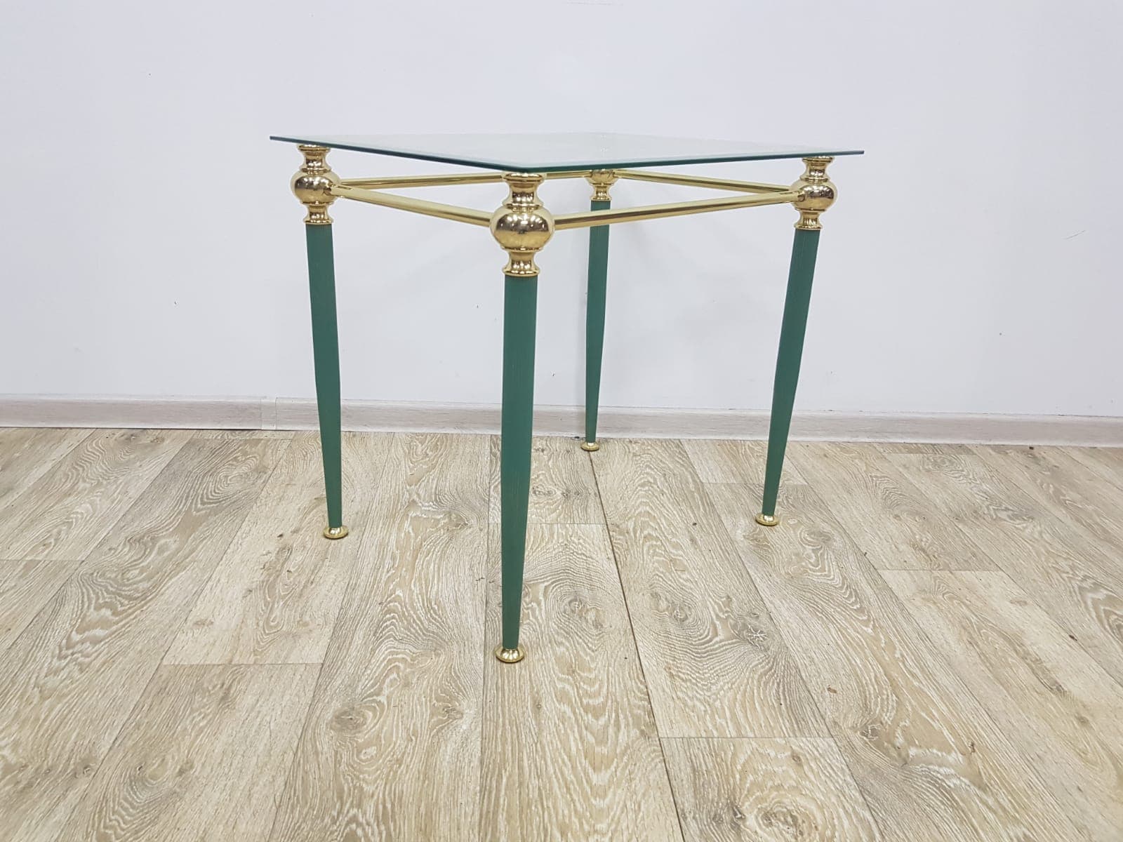 Side table Mid-Century Modern, transparent glass, gold brass, green metal, France, 1960s. - 359384