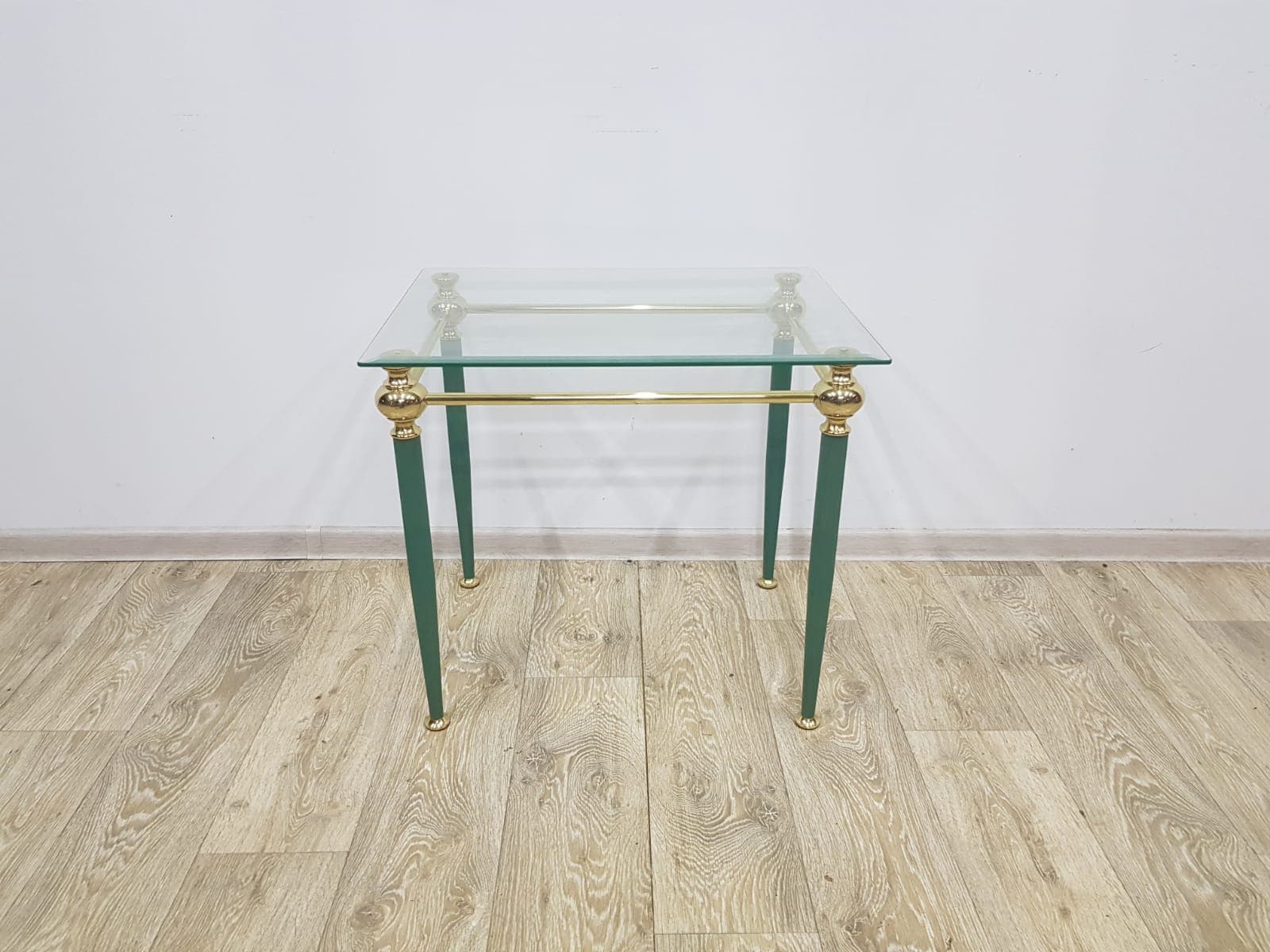 Side table Mid-Century Modern, transparent glass, gold brass, green metal, France, 1960s. - 359386
