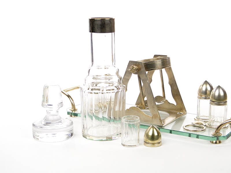 Art Deco Alcohol Set, transparent, crystal glass brass, Czechoslovakia, 1920s - 359479