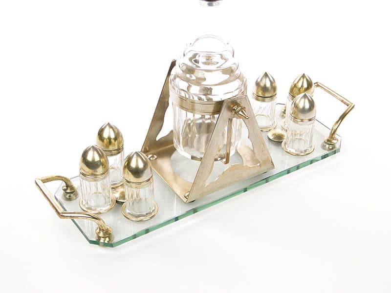 Art Deco Alcohol Set, transparent, crystal glass brass, Czechoslovakia, 1920s - 359482