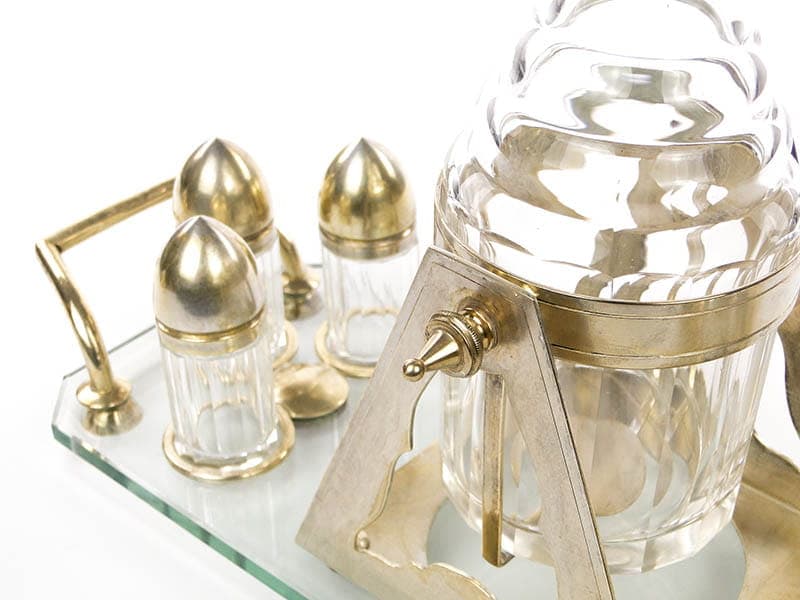 Art Deco Alcohol Set, transparent, crystal glass brass, Czechoslovakia, 1920s - 359481