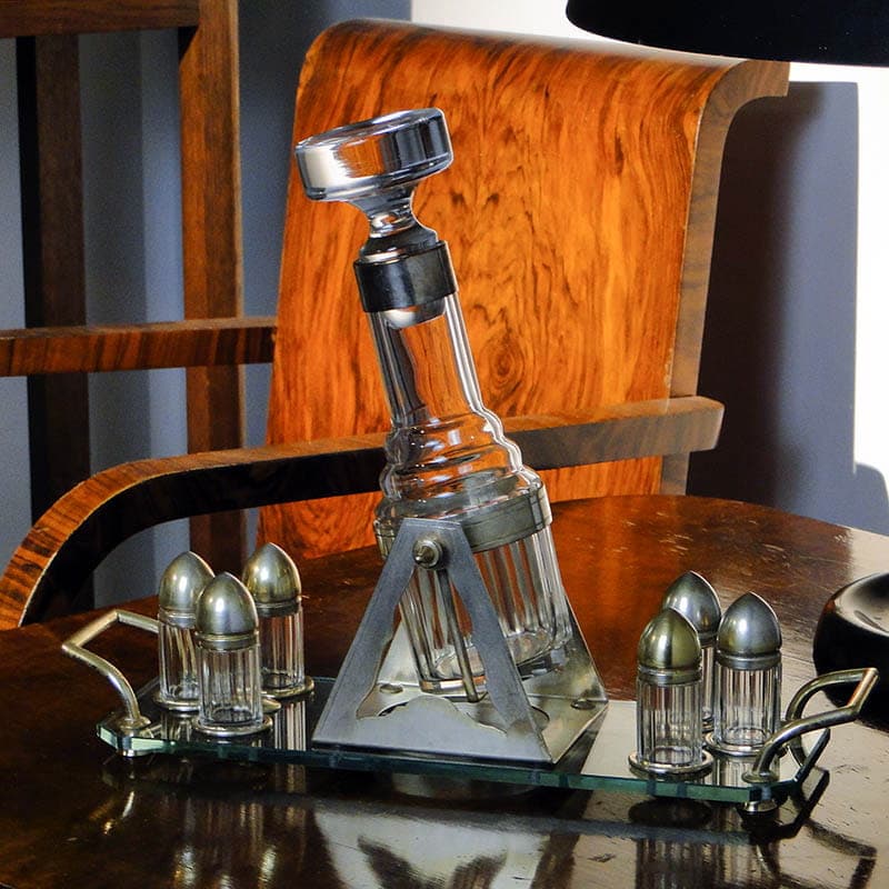 Art Deco Alcohol Set, transparent, crystal glass brass, Czechoslovakia, 1920s - 359489