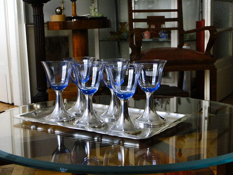 Wine Glass Set Art Deco, sapphire crystal glass, silver-plated brass, Sandrik, Slovakia, 1920s. - 359494